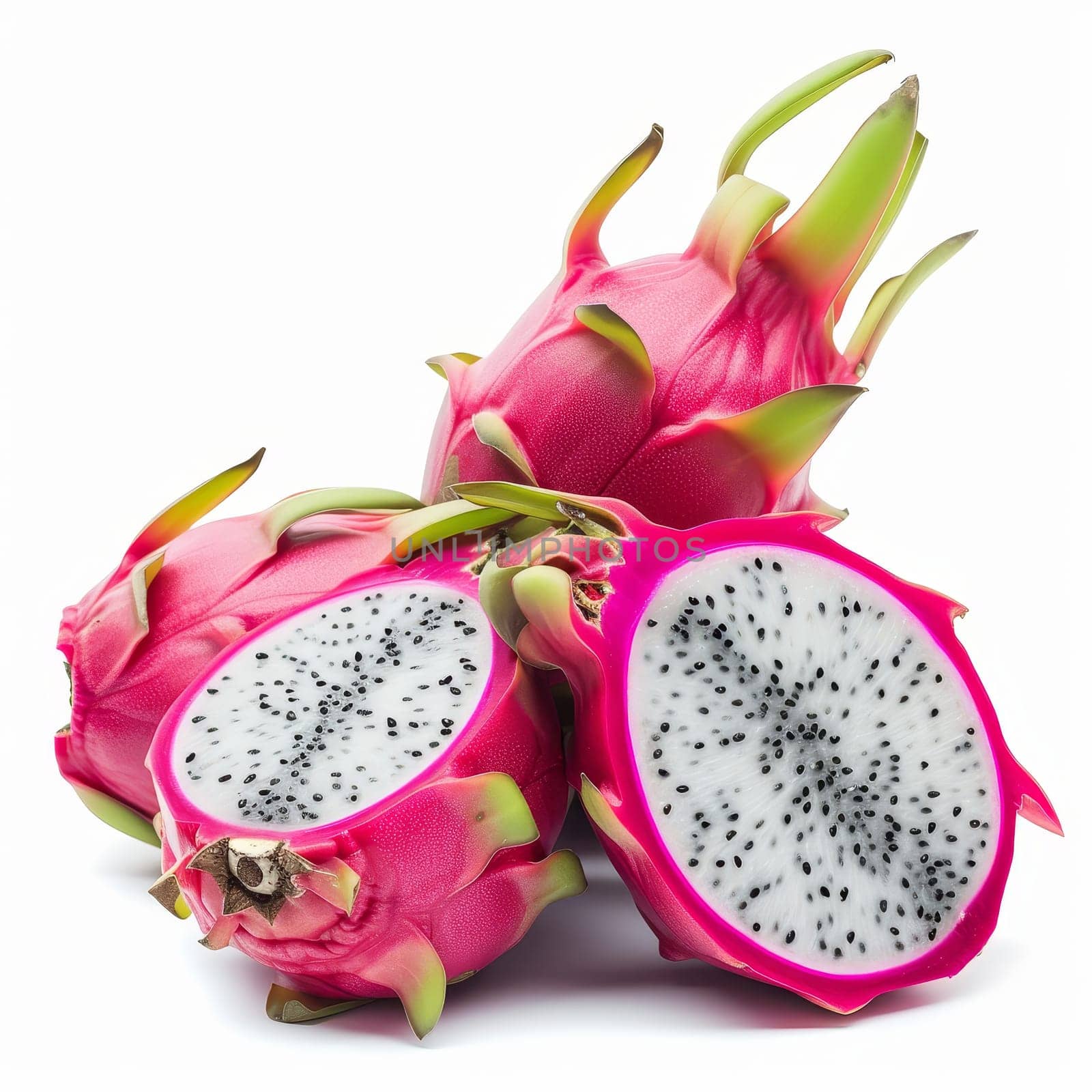 A dragon fruit, sliced into half, resting on a plain white background - isolated raw food