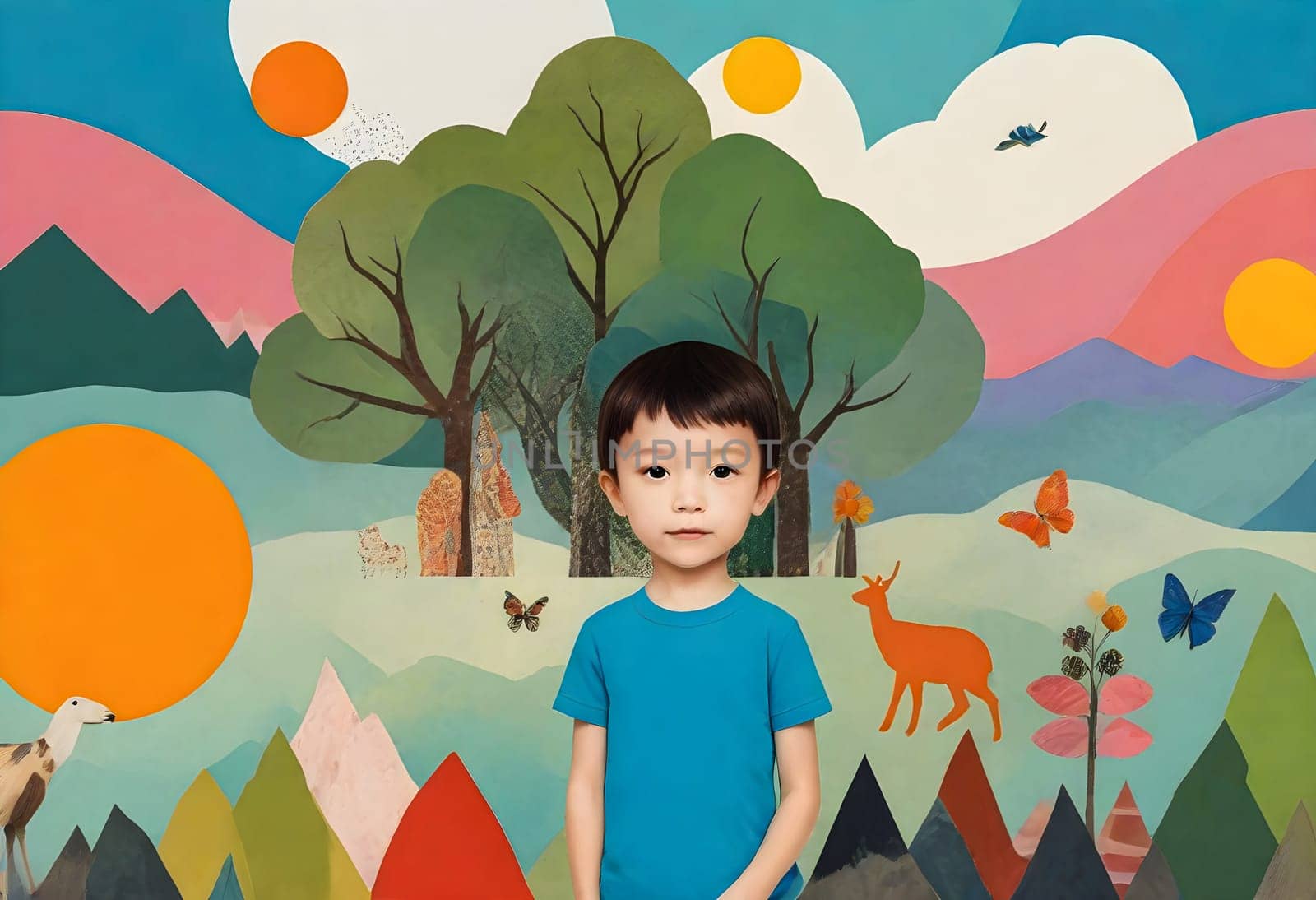 AI generated of a cute child with childhood collage pieces on colorful background
