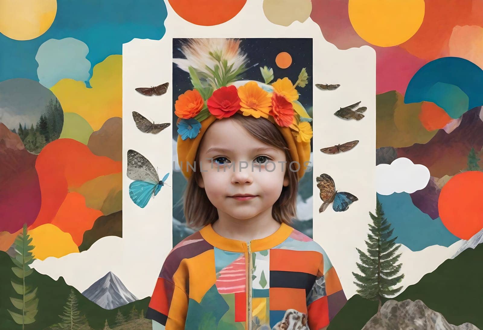 AI generated of a cute child with childhood collage pieces on colorful background
