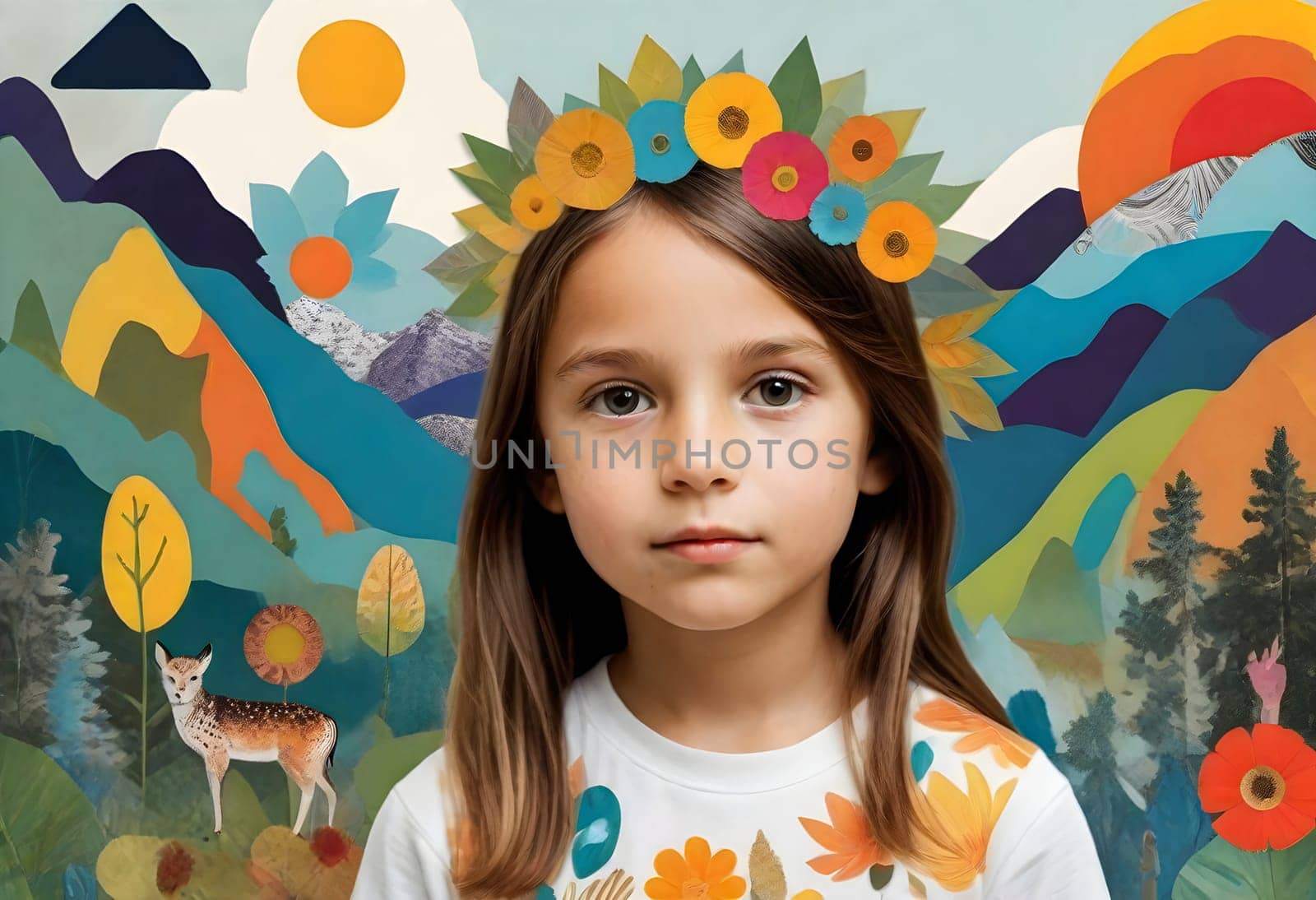 AI generated of a cute child with childhood collage pieces on colorful background