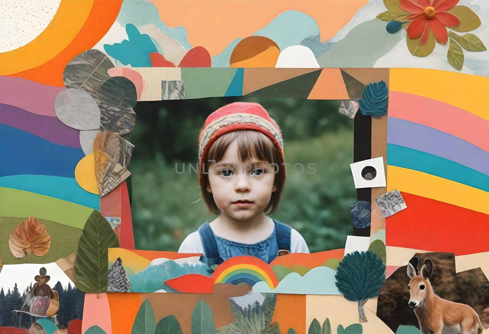 AI generated of a cute child with childhood collage pieces on colorful background