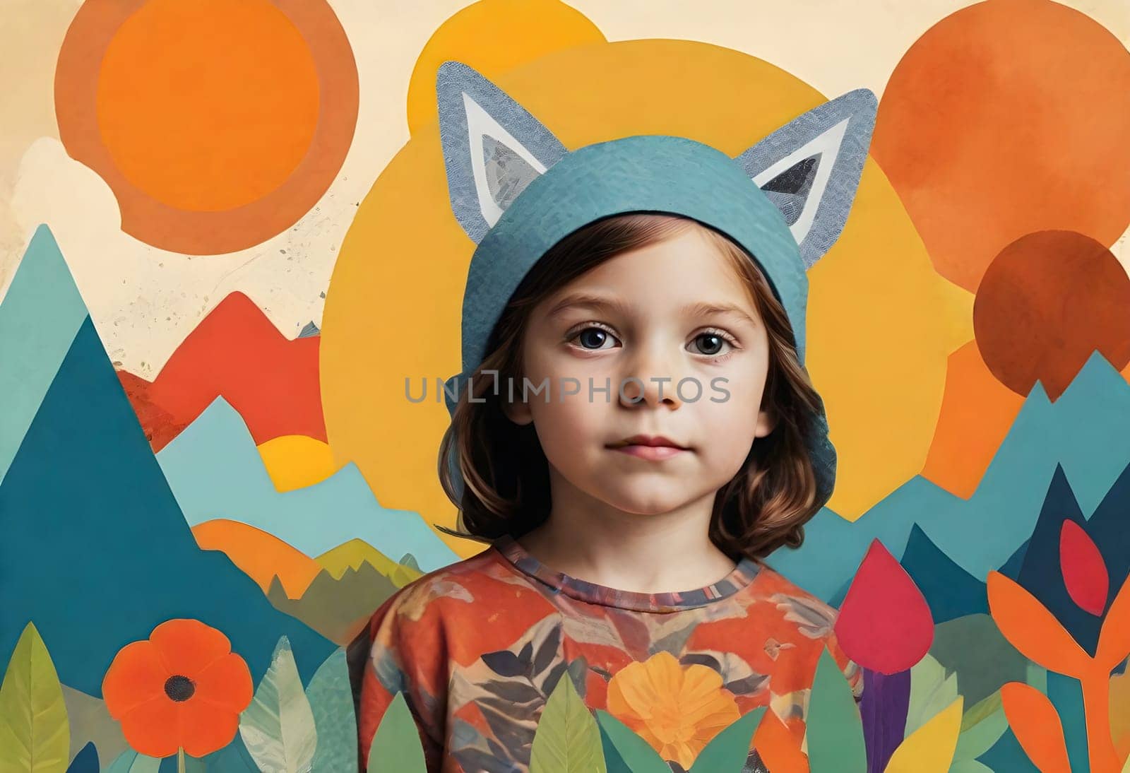AI generated of a cute child with childhood collage pieces on colorful background