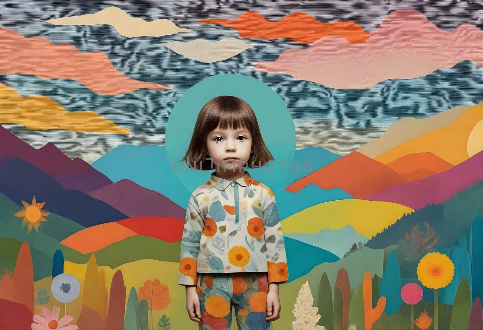 AI generated of a cute child with childhood collage pieces on colorful background
