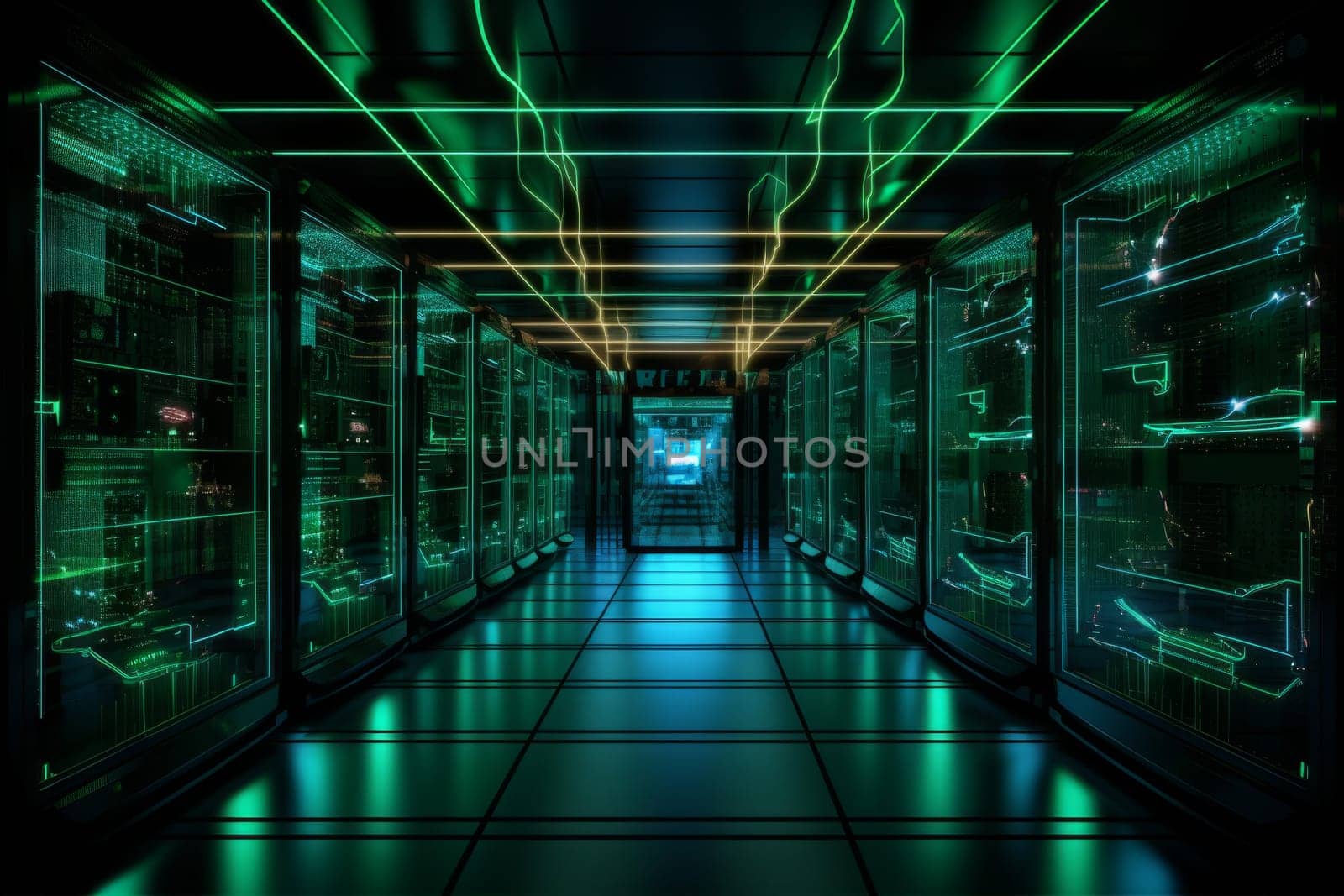 A computer server farm processing data for neural network training