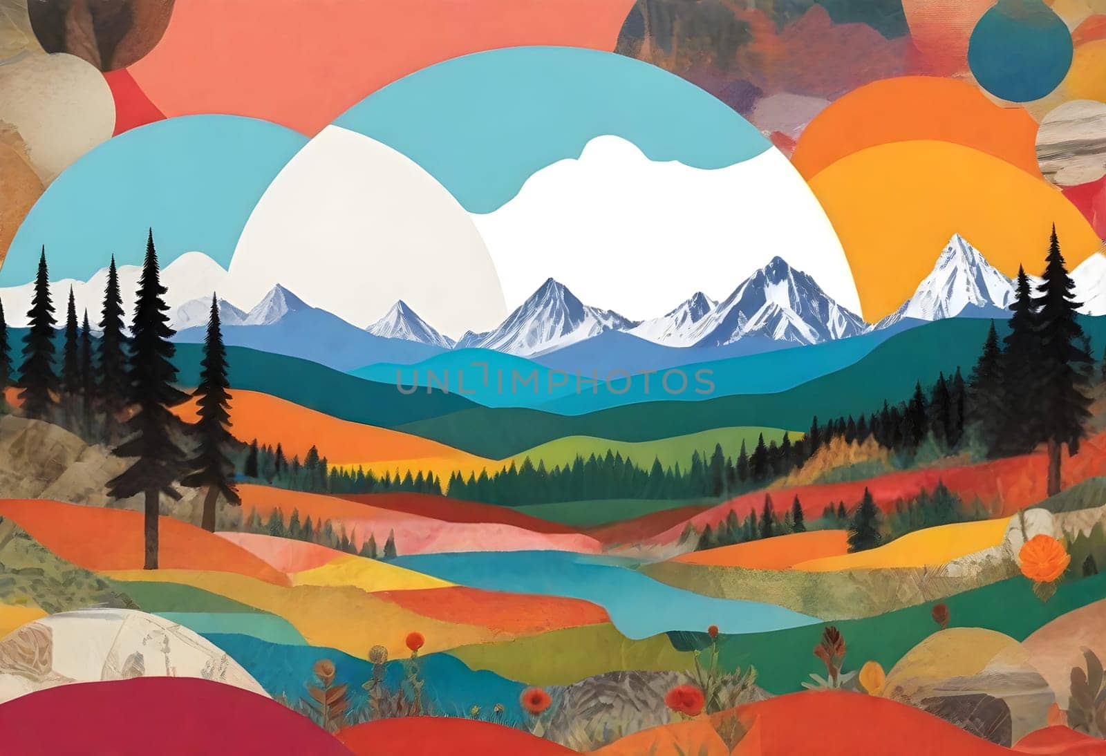 AI generated of a photo collage of a landscape with colorful and vibrant surroundings