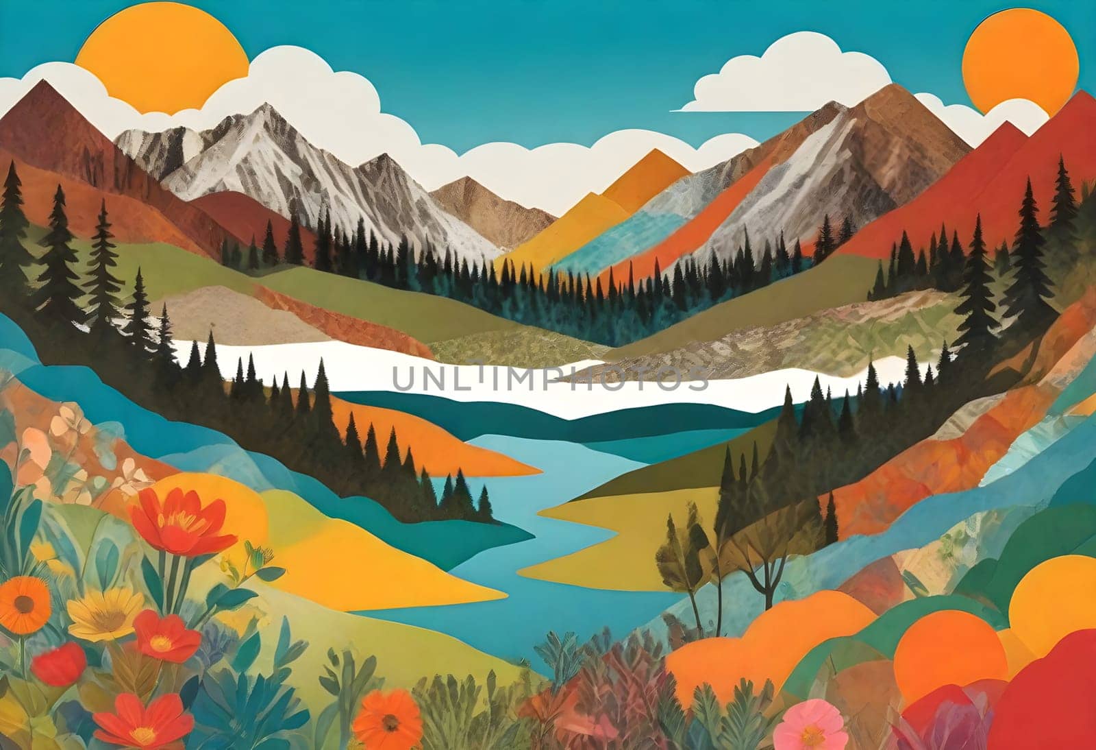 AI generated of a photo collage of a landscape with colorful and vibrant surroundings