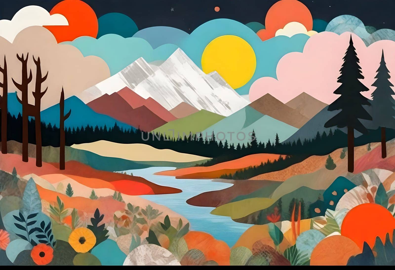 AI generated of a photo collage of a landscape with colorful and vibrant surroundings