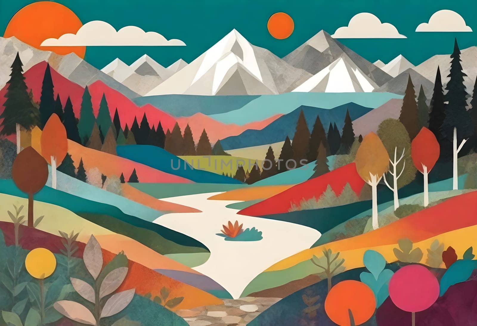 AI generated of a photo collage of a landscape with colorful and vibrant surroundings