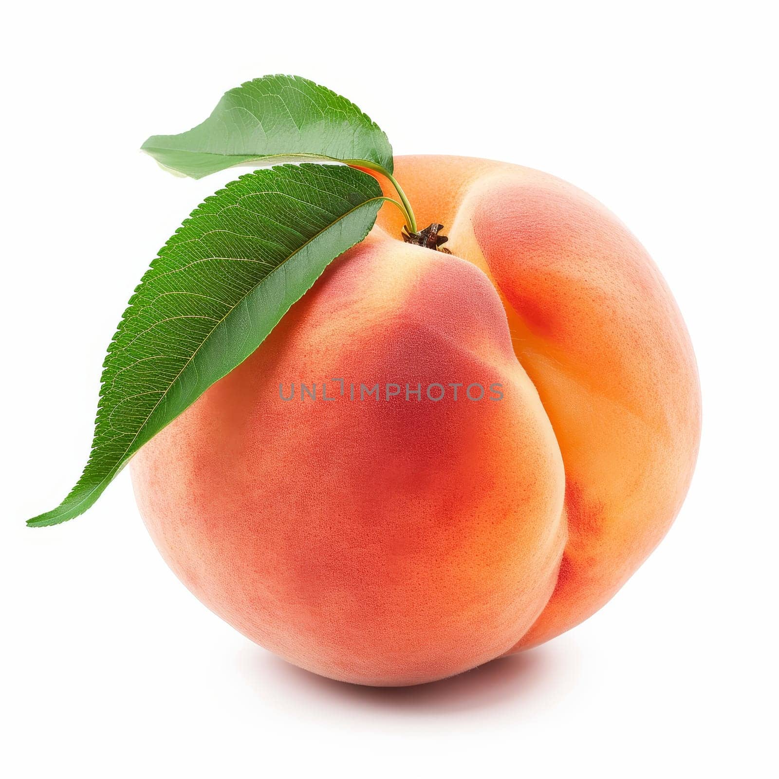 A single succulent peach with a velvety skin and green leaf, isolated on white background