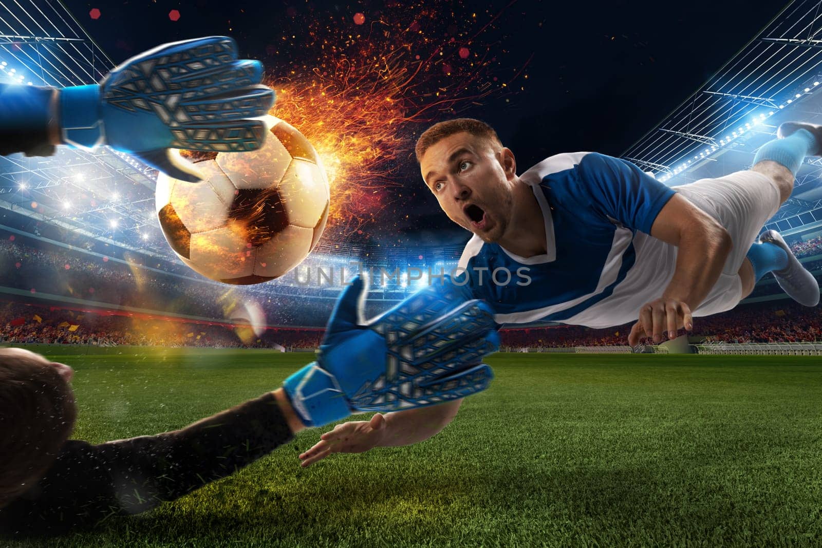 Powerful kick of a soccer player with fiery ball in the football stadium