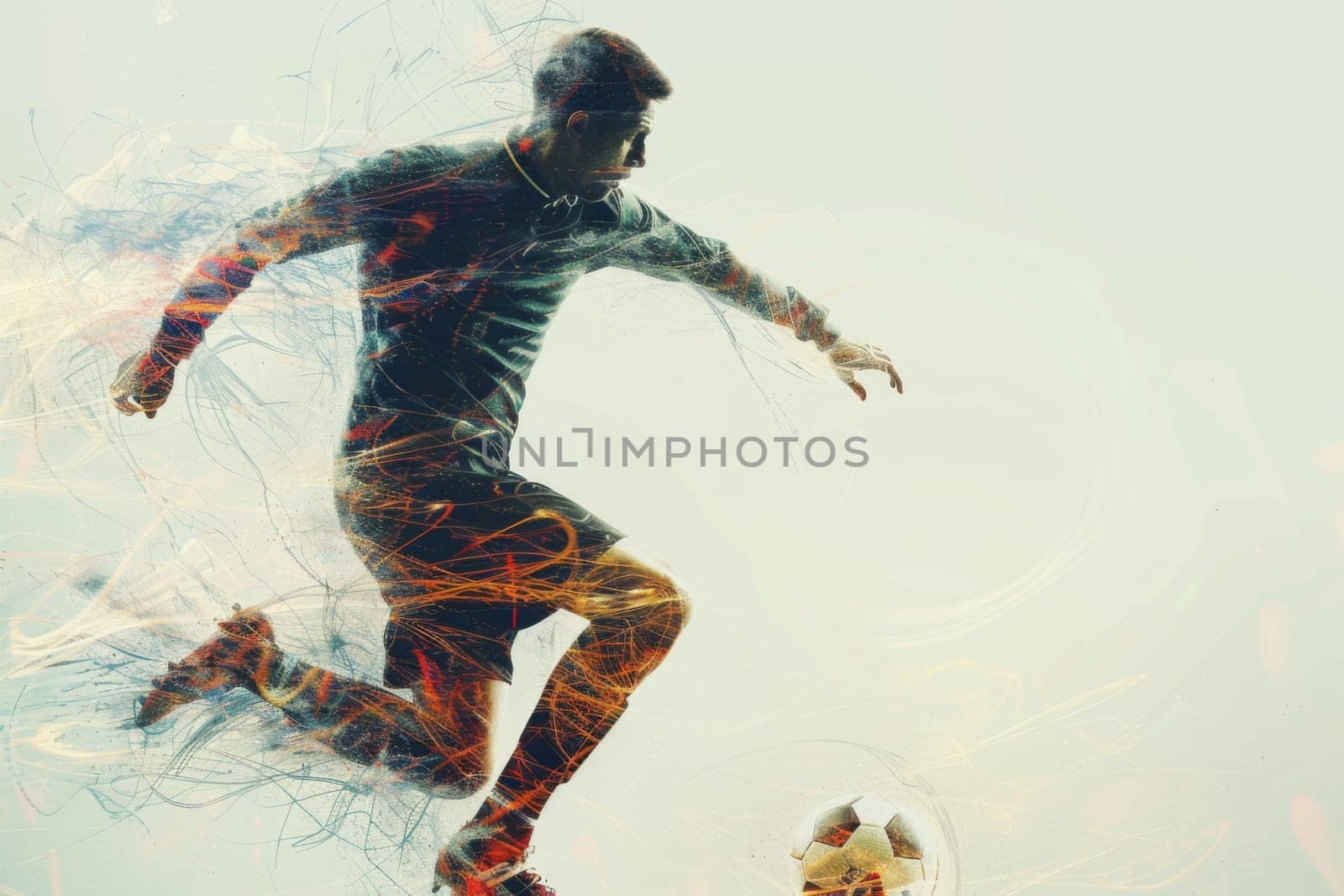 Double exposure of a Soccer player ready to kick the ball at the stadium. Generative AI