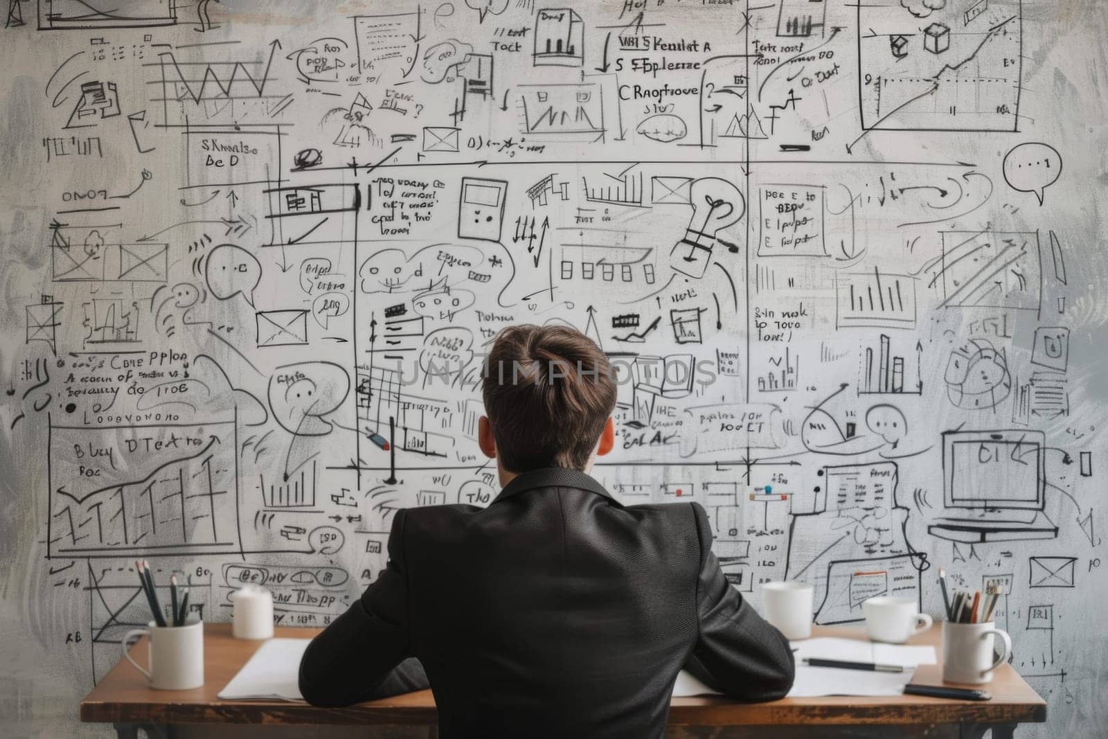 Man works on a sketches of a startup creative project. Generative AI