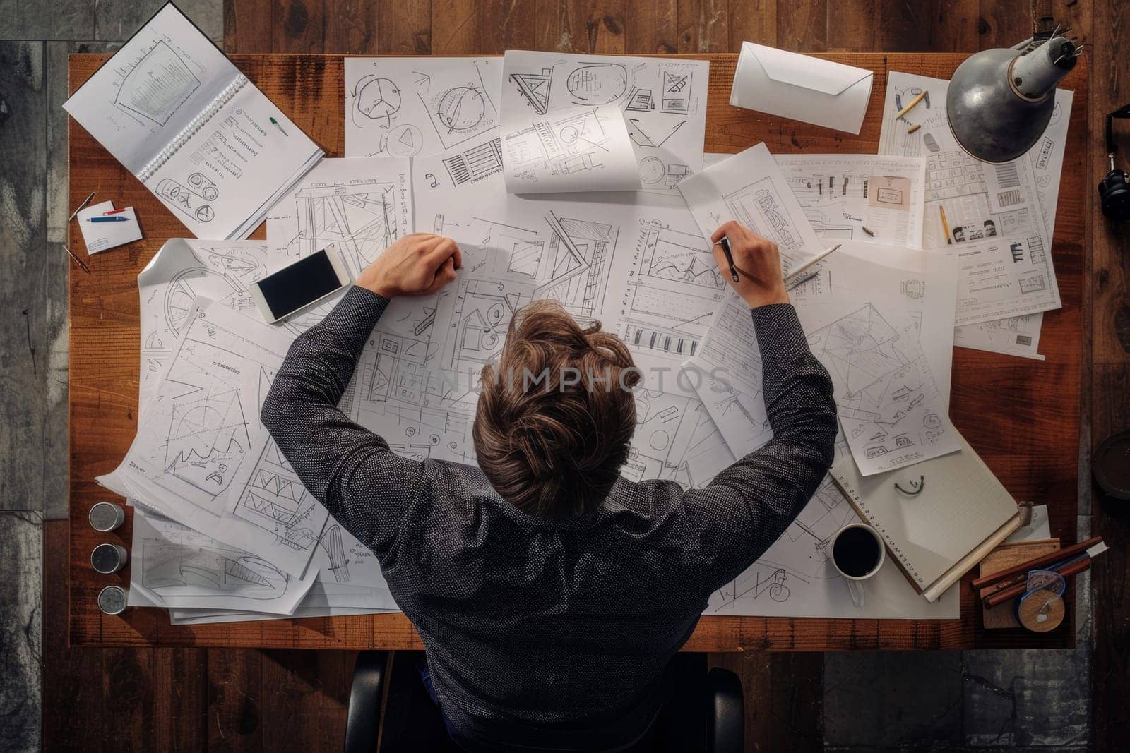 Man works on a sketches of a startup creative project. Generative AI