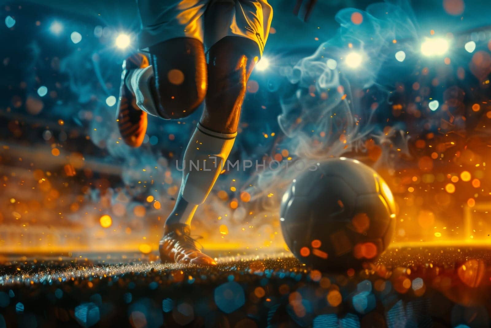 Soccer player in a fiery field at the stadium. Generative AI