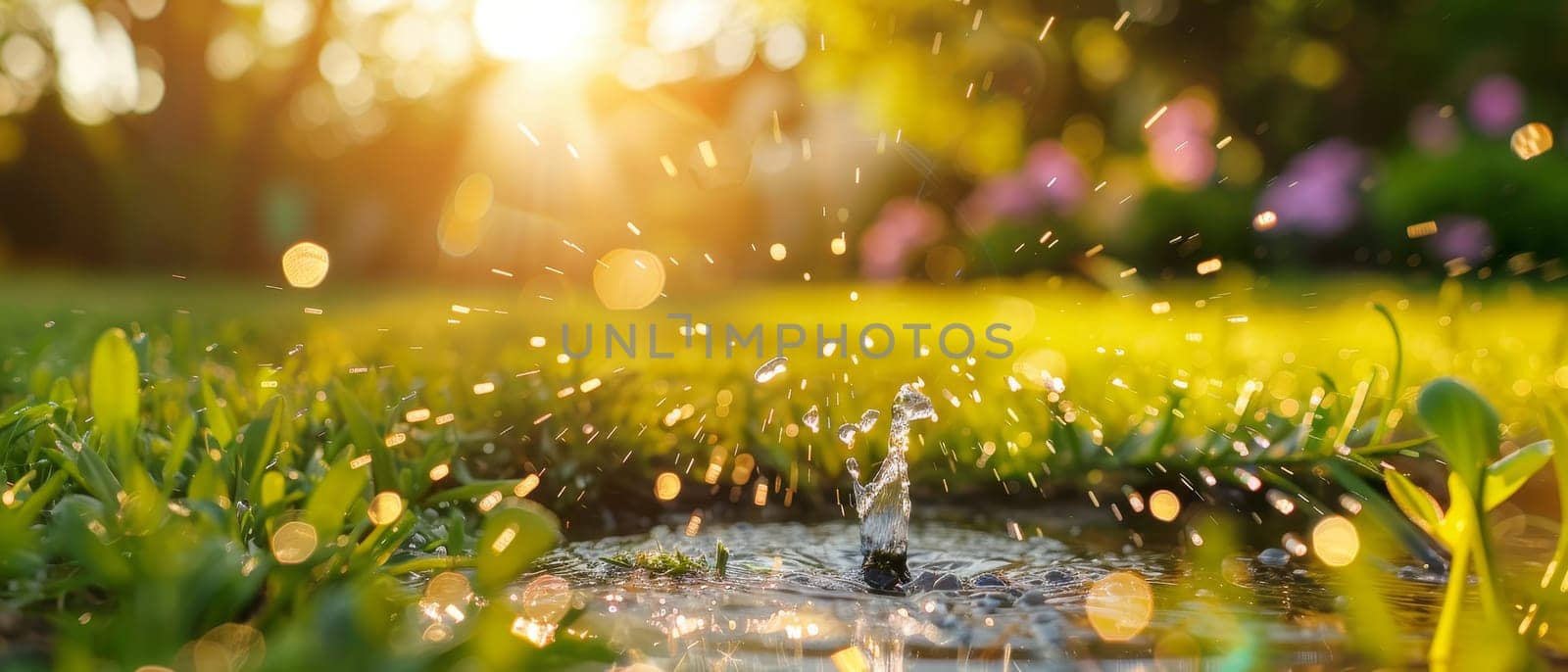 Water sprinkler spraying droplets on a vibrant green lawn with sunflare, symbolizing garden care and summer freshness