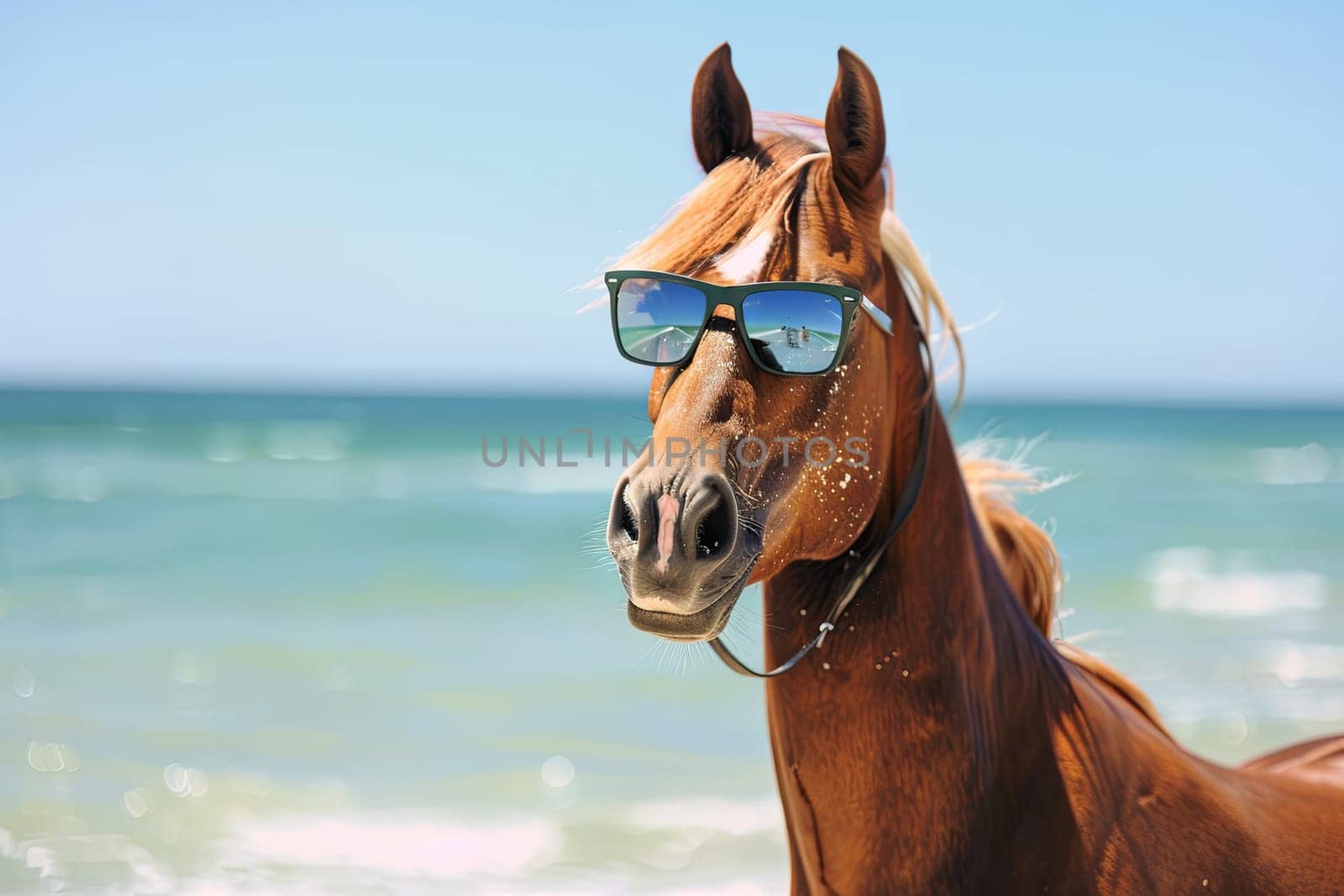 A brown horse stands on the sandy beach, wearing sunglasses to shield its eyes from the bright sun. The horse looks relaxed and content as it enjoys the coastal breeze.