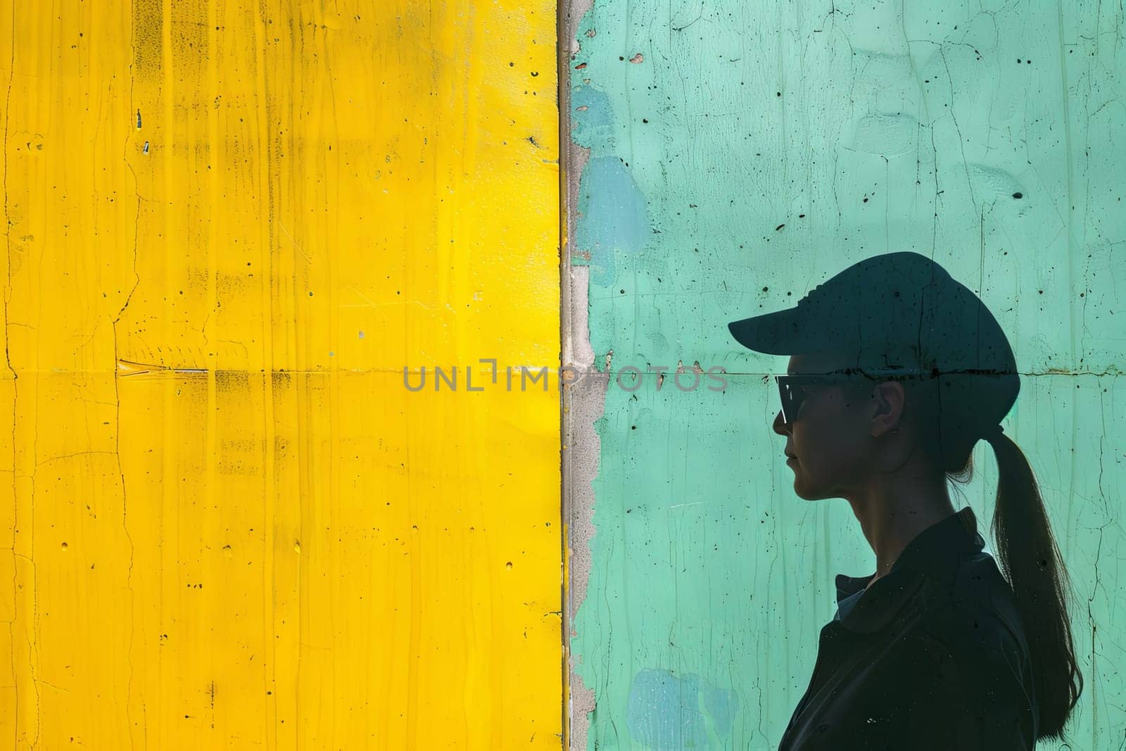 A woman is seen standing in front of a vibrant yellow and green wall, looking directly at the camera. She appears confident and poised, with a neutral expression on her face. The colors of the wall contrast sharply, creating a striking backdrop.
