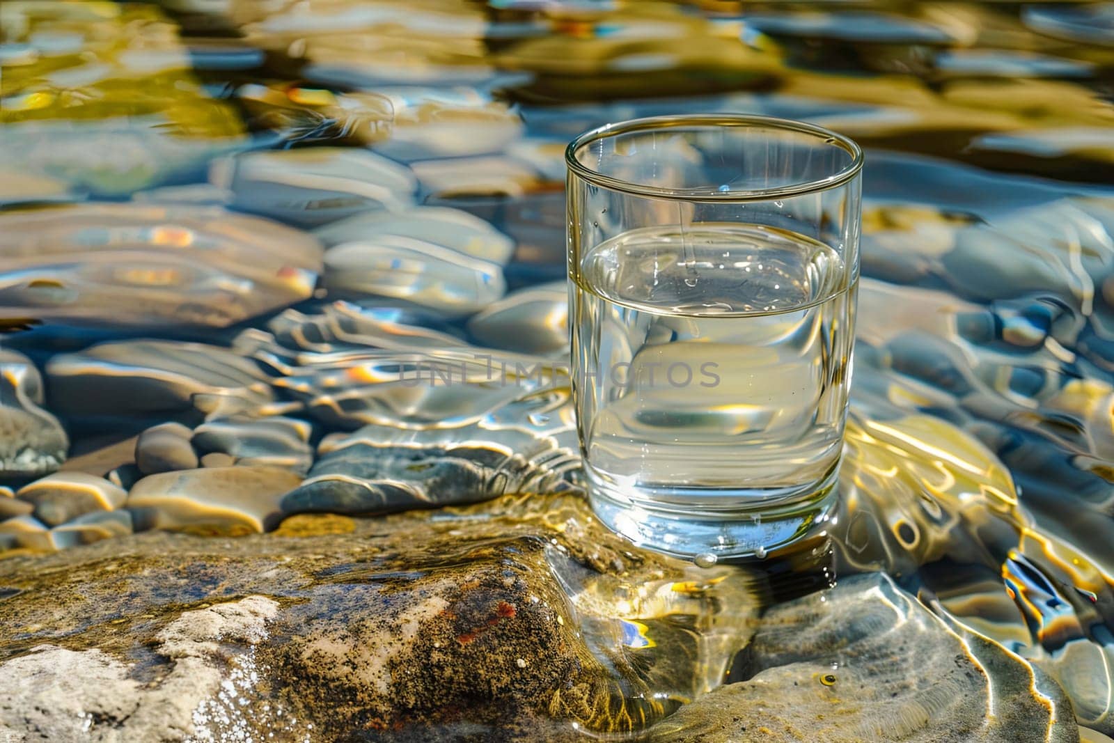 A clear glass filled with water is balanced precariously on a large natural rock. The rock is rough and textured, contrasting with the smooth surface of the glass.