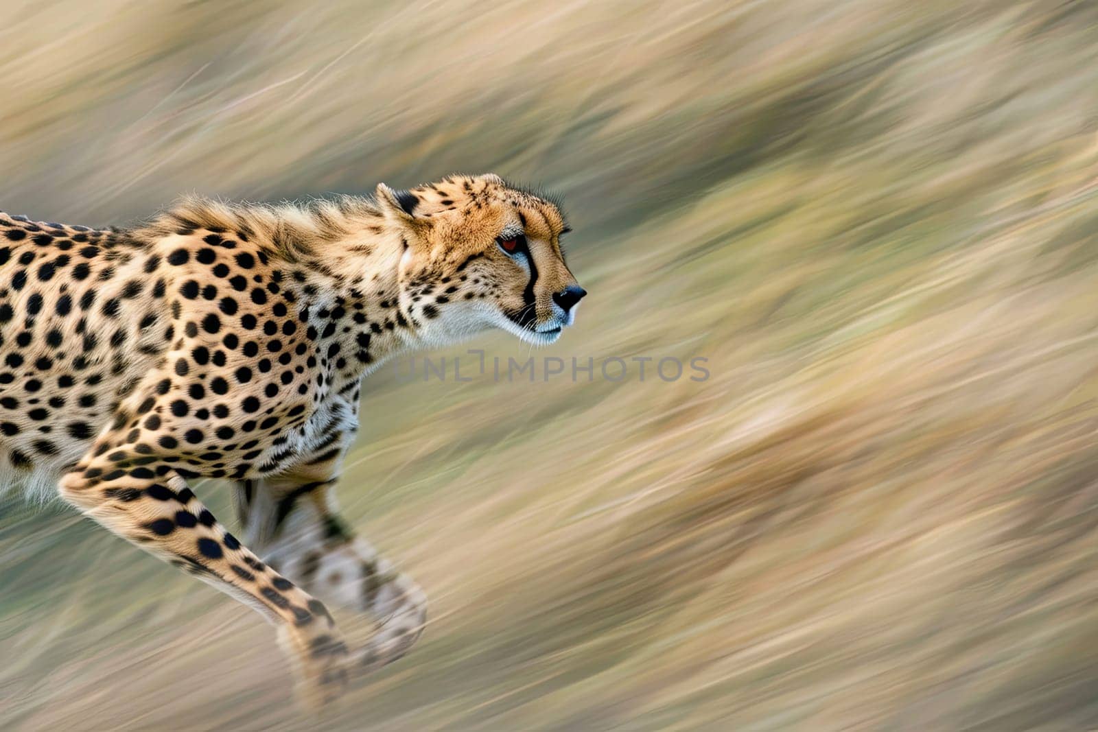 A cheetah, the fastest land animal, sprinting at high speeds in its natural habitat. The sleek predators muscles are tense as it races across the savannah, demonstrating incredible agility and raw power.