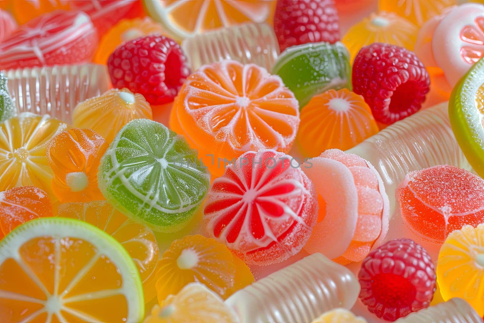 A close-up view of a variety of colorful fruit candies tightly packed together. The candies are in different shapes and sizes, showcasing a range of vibrant colors like red, orange, yellow, green, and purple. These candies are arranged in a bunch, creating a visually appealing and tempting display.
