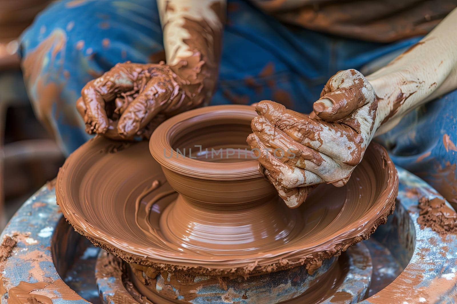 A person is sitting at a potters wheel, shaping a clay pot with their hands while the wheel spins. Clay is being molded and smoothed into a vessel as the potter works.