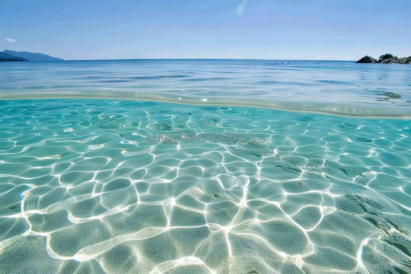 This view shows the ocean from below, with sunlight filtering through the water to illuminate the marine life and the ocean floor. The image captures the vastness of the ocean with various sea creatures swimming around in their natural habitat.