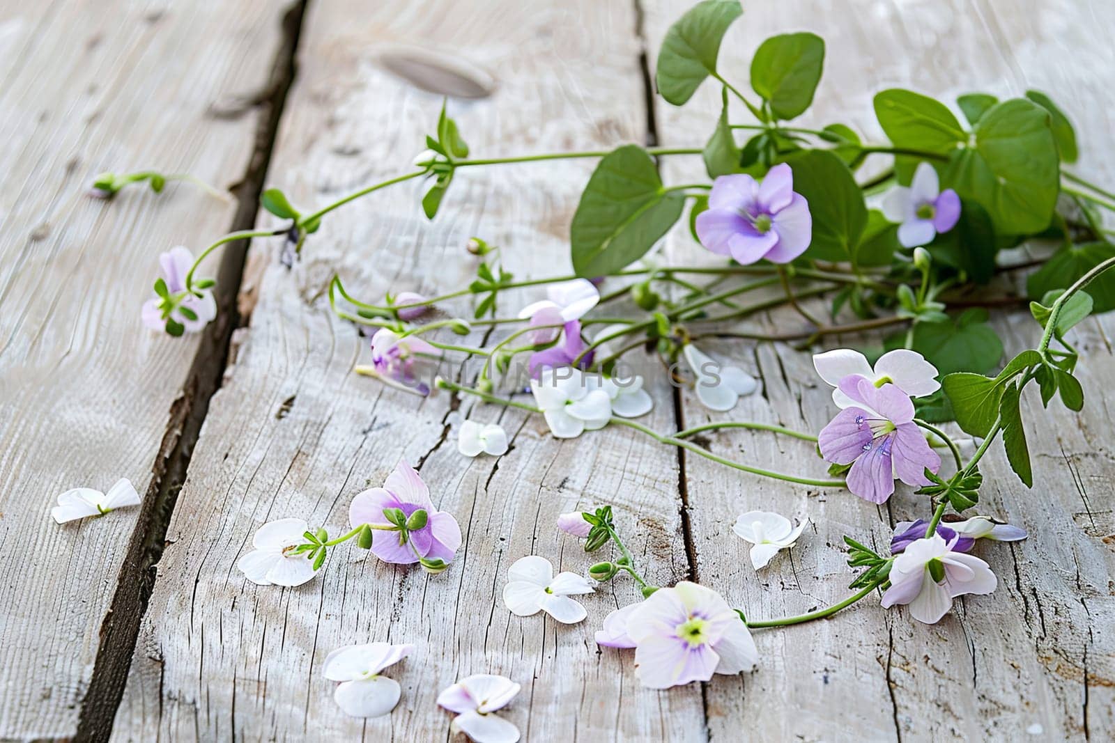 A collection of various colorful flowers laying spread out on a wooden table, creating a vibrant display of nature indoors.