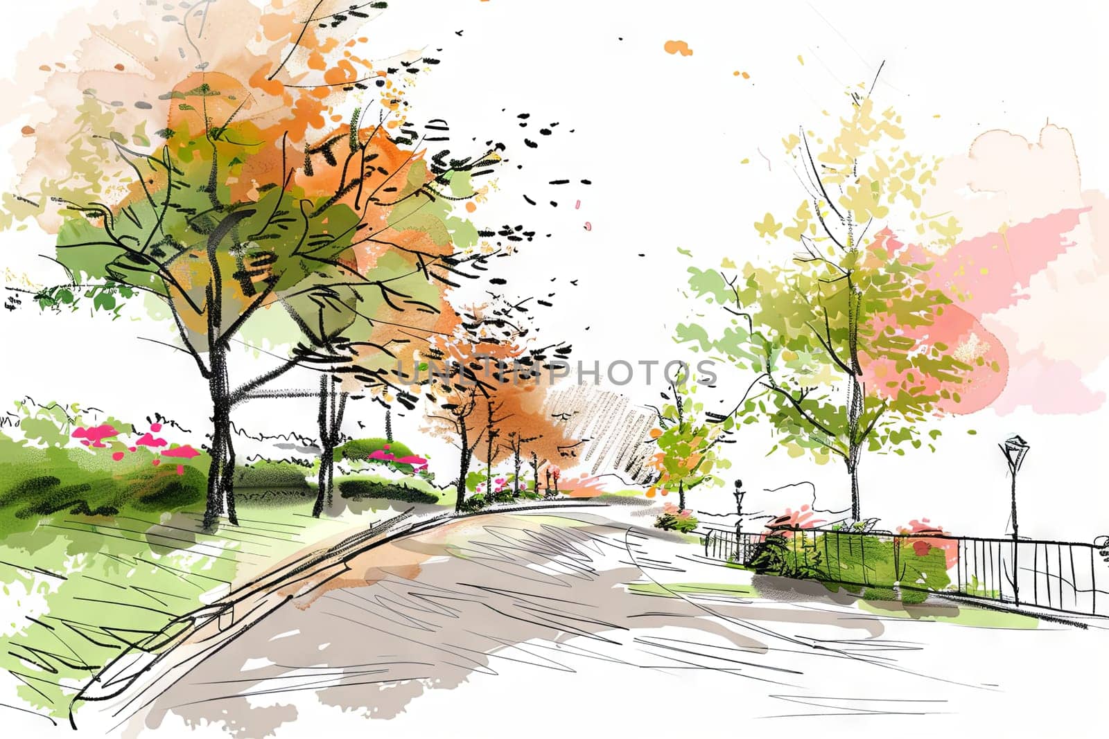 A detailed drawing depicting a park with lush trees and a wooden fence. The fence separates the park from the sidewalk, creating a boundary. Tall trees provide shade and greenery in the park.