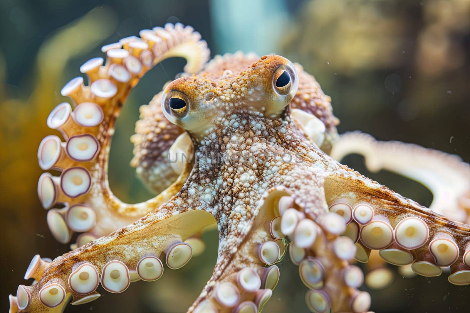 An octopus is seen up close in an aquarium, displaying its eight tentacles and intricate patterns. The octopus is moving gracefully through the water, showcasing its fluid movements and unique features.