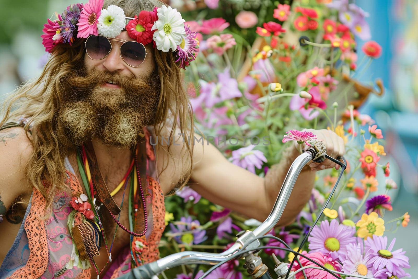 A man with long hair balances on a bike while wearing flowers on his head. He pedals through the scene, surrounded by a serene environment.