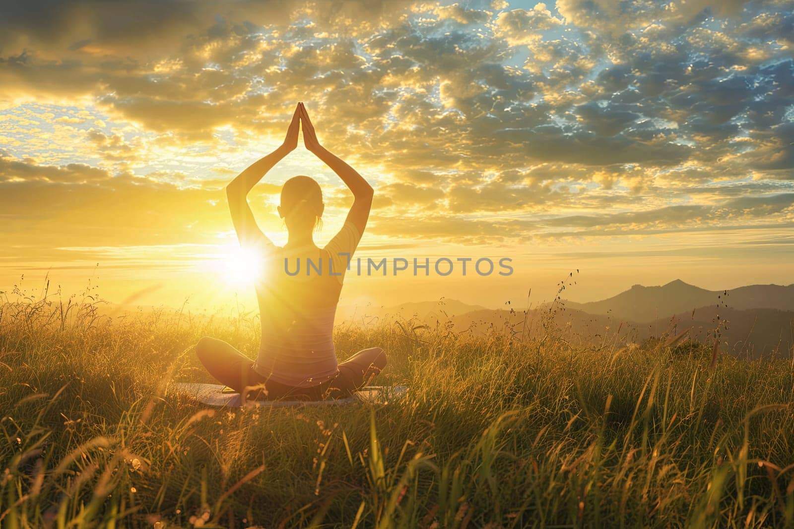 A man is seen practicing yoga postures in a vast field during sunset. The sky is painted with warm hues, casting a golden light on the scene. The man is focused and performing various poses with precision and control, blending with the serene natural setting.