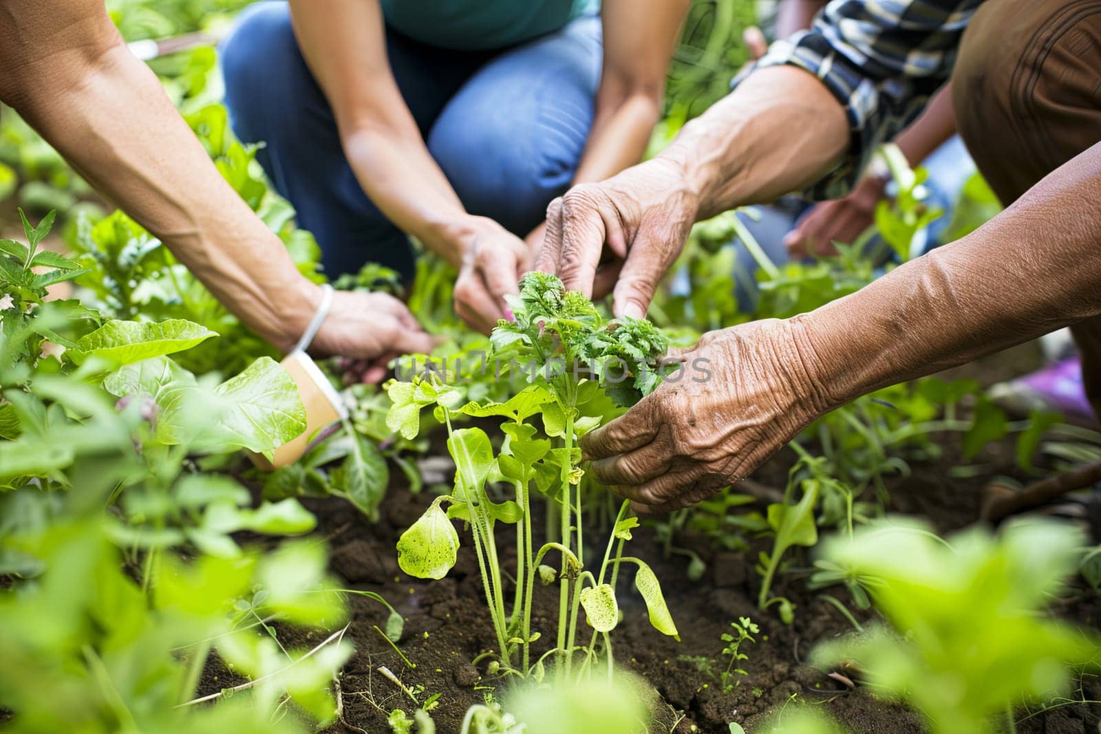 Several individuals are actively engaged in tending to plants and crops in a garden. They are planting, weeding, watering, and harvesting various fruits, vegetables, and flowers.