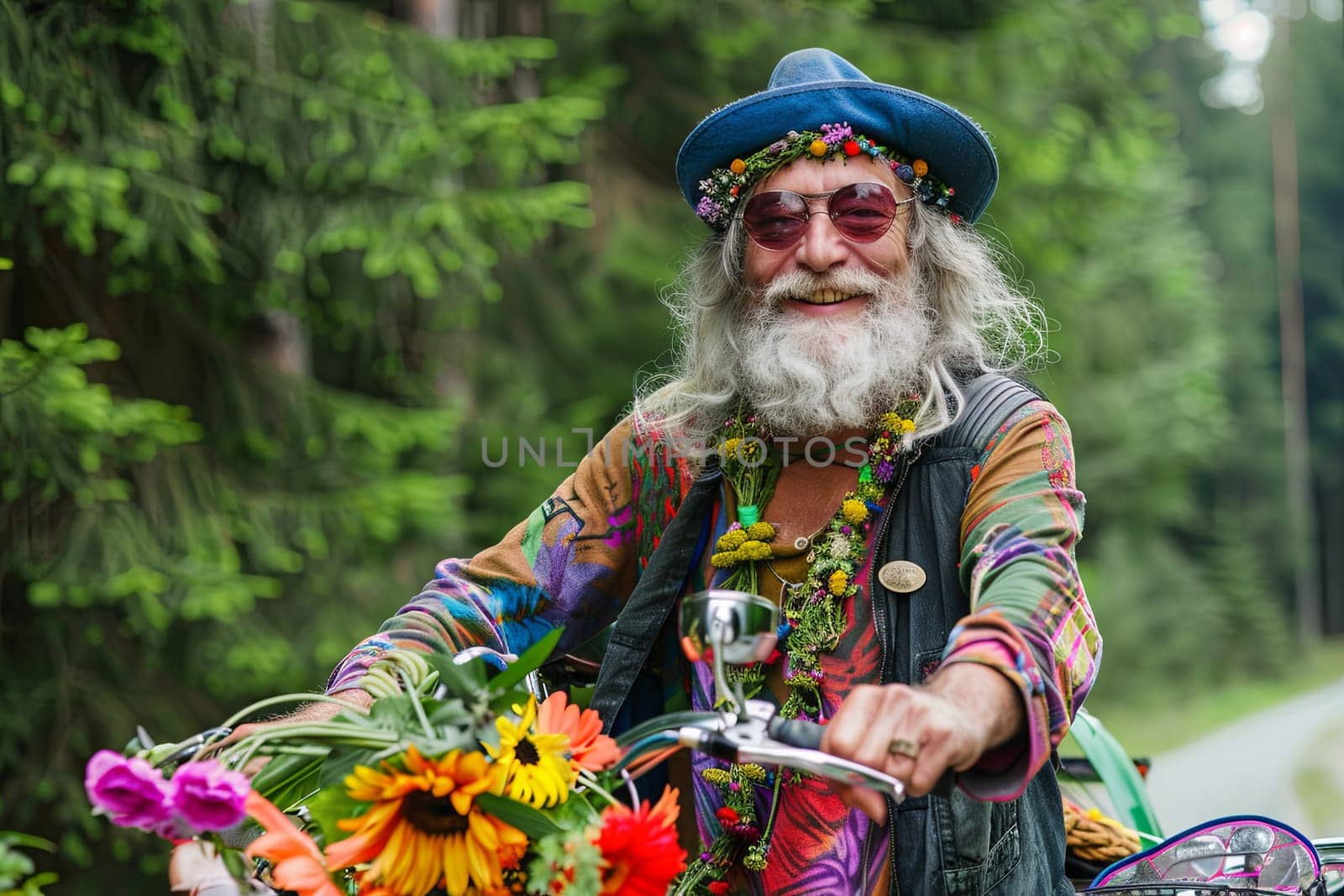 A man with a long beard riding a bicycle on a paved road. He is wearing casual clothing and appears focused on his journey.