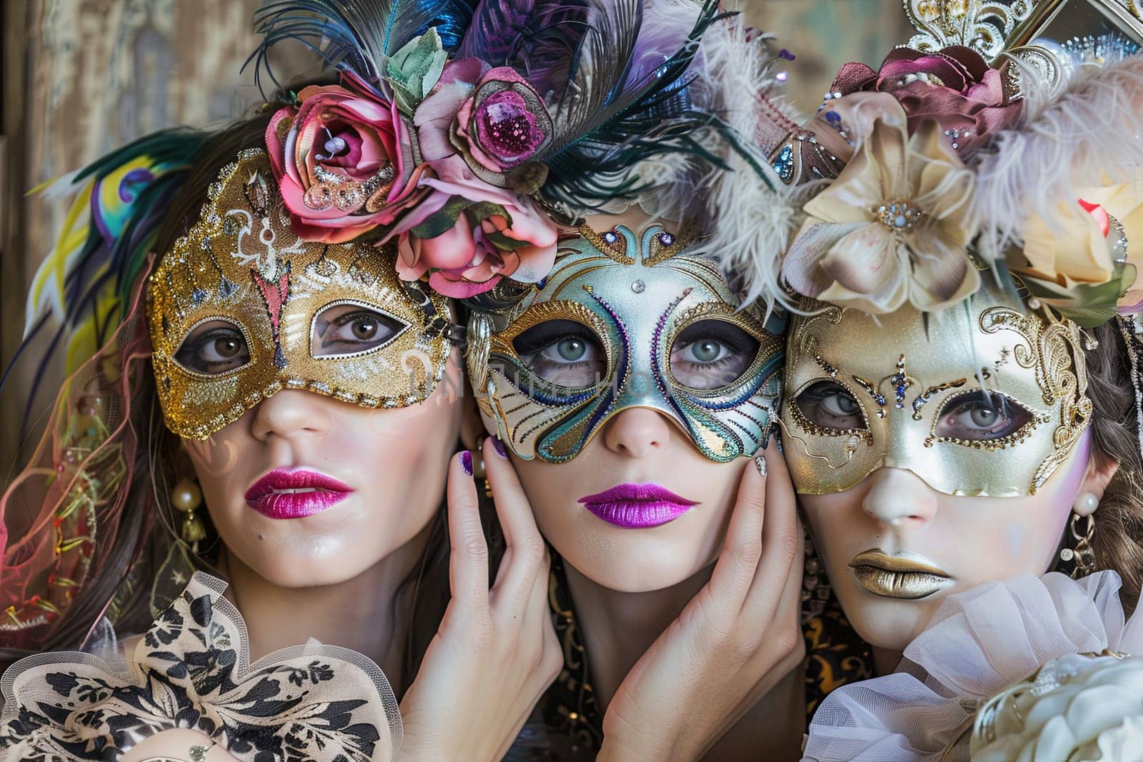 Three women are wearing masks adorned with flowers on their heads. They are standing together, showcasing the colorful and intricate designs of their masks.