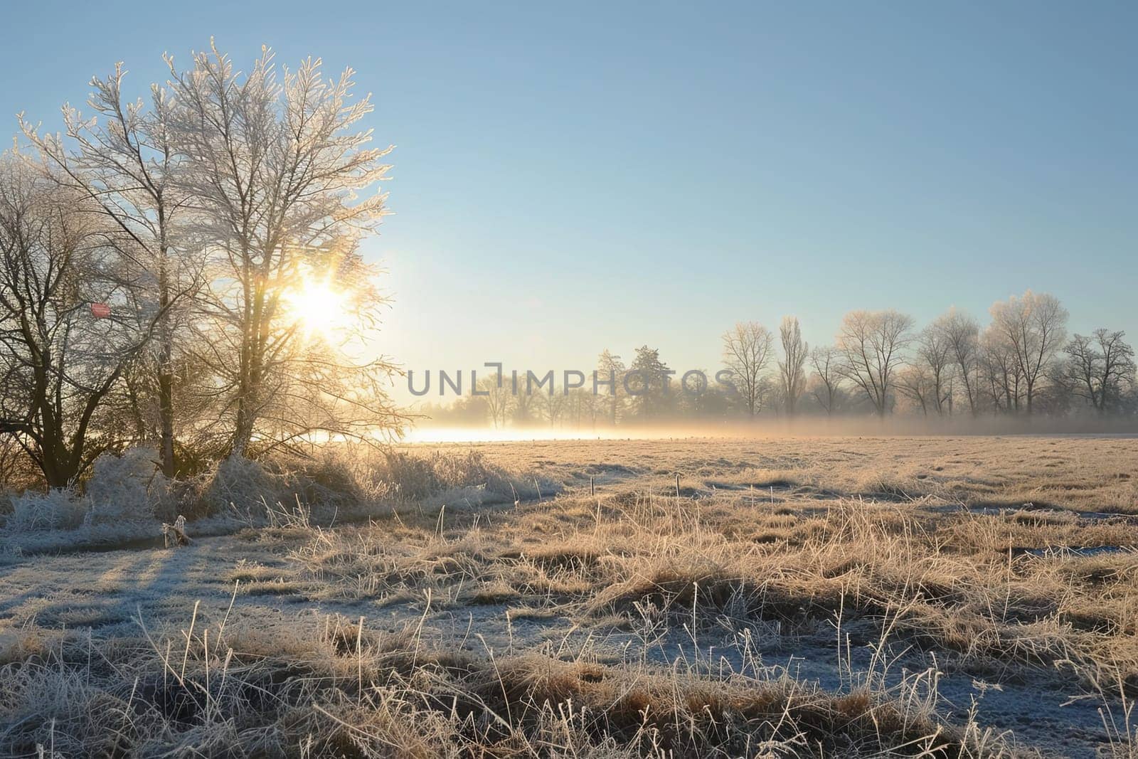 A frost covers a vast field, with leafless trees in the background. The icy landscape glistens under the winter sun, creating a stark and cold scene.