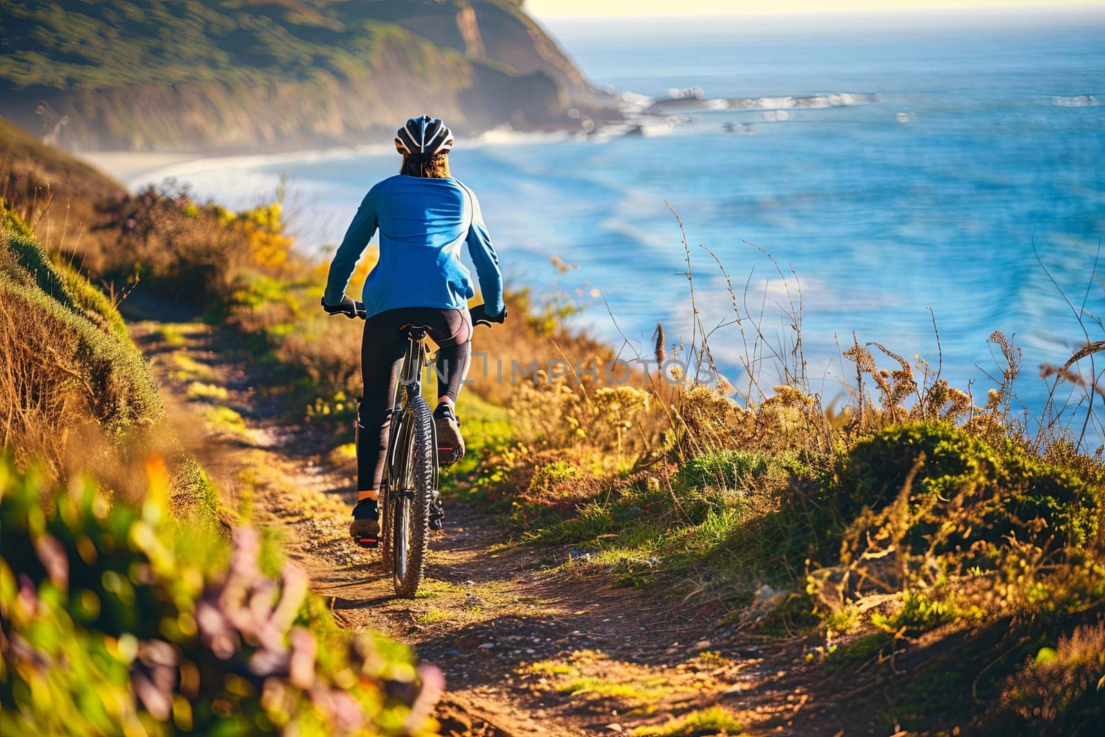 A person rides a bike on a trail along the coast of the ocean, enjoying the scenic views and fresh sea breeze. The trail weaves through sandy dunes and grassy cliffs, providing a picturesque backdrop to the cyclists journey.