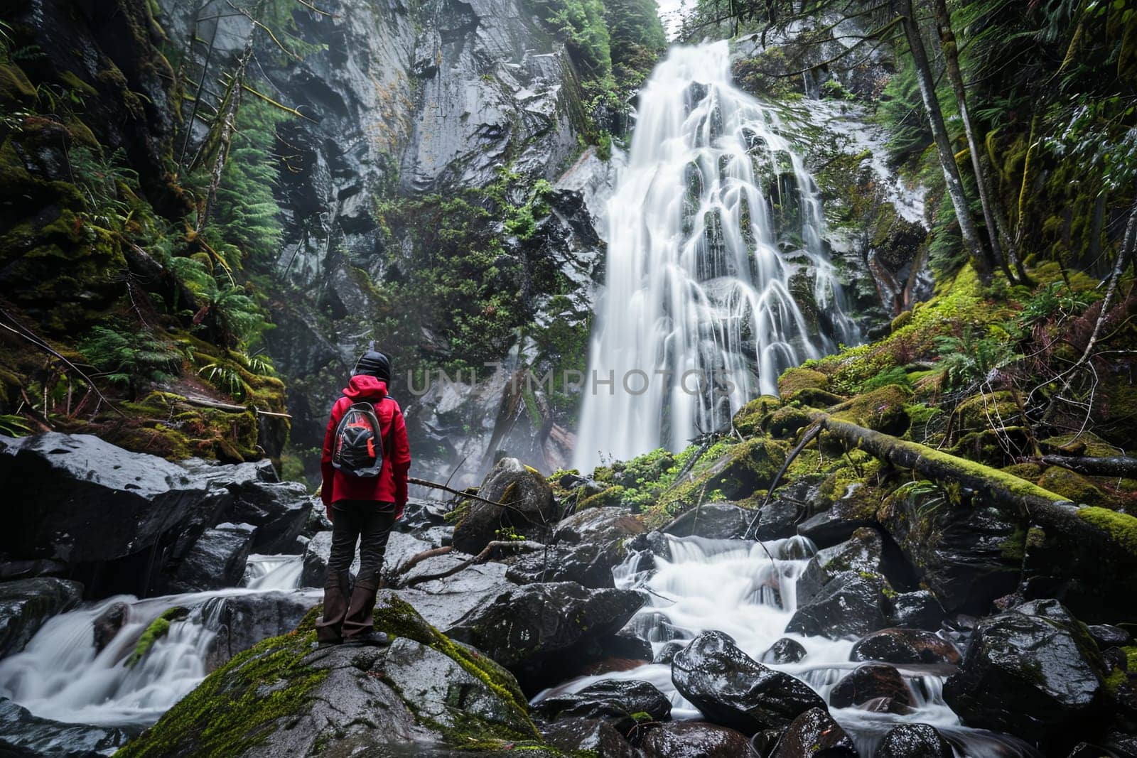A man wearing a red jacket stands in front of a powerful waterfall, gazing at the cascading water with awe and admiration. The scenery is rugged and impressive, showcasing the force of nature in its raw form.