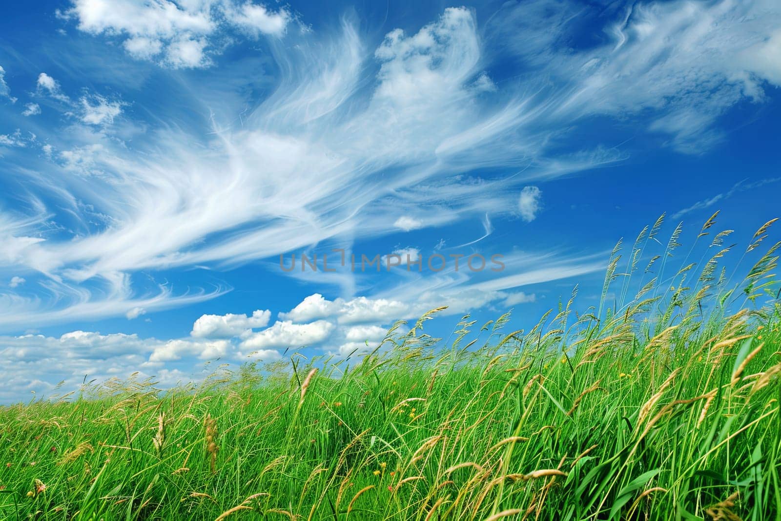 A vast grassy field under a partly cloudy sky, with billowing white clouds casting shadows on the green landscape.