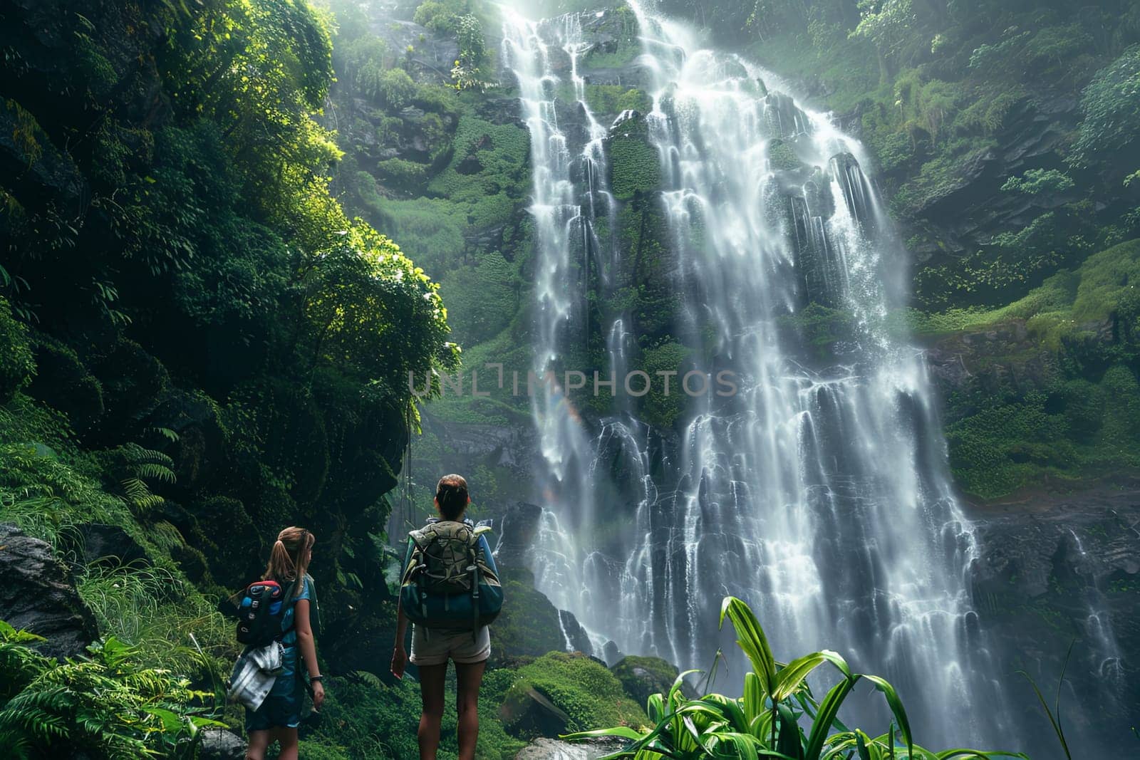 Two individuals standing in front of a powerful waterfall, surrounded by mist and the sound of rushing water. The cascade drops from a rocky cliff, creating a majestic and immersive experience.