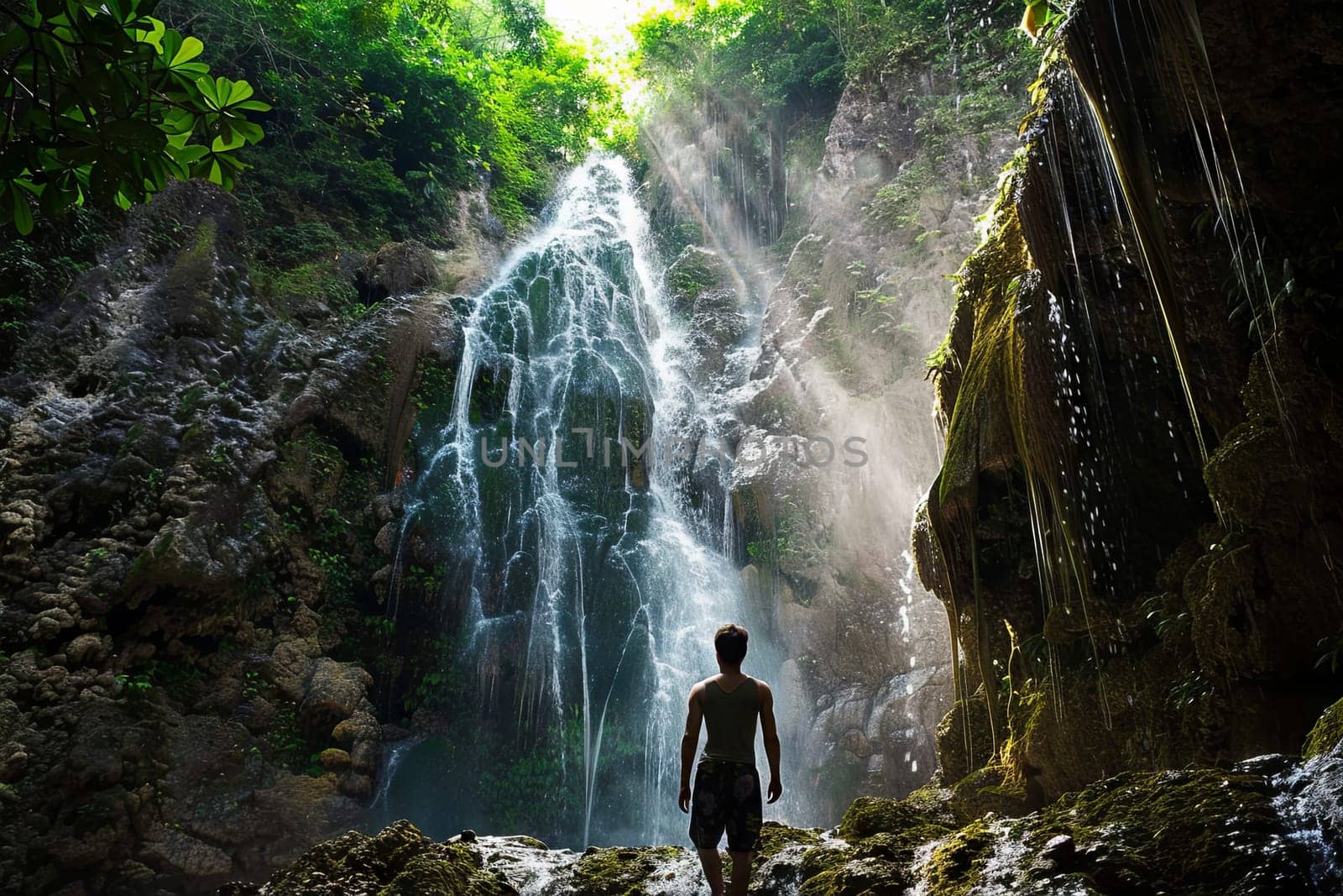 A man in outdoor clothing stands facing a powerful waterfall, surrounded by rocks and mist. The man appears small compared to the waterfalls grandeur.