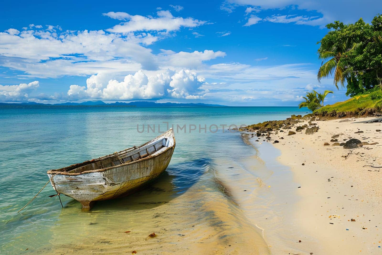 A boat is docked on top of a sandy beach, with calm waves gently lapping at the shore. The boat appears to be at rest, surrounded by the golden sands of the beach.