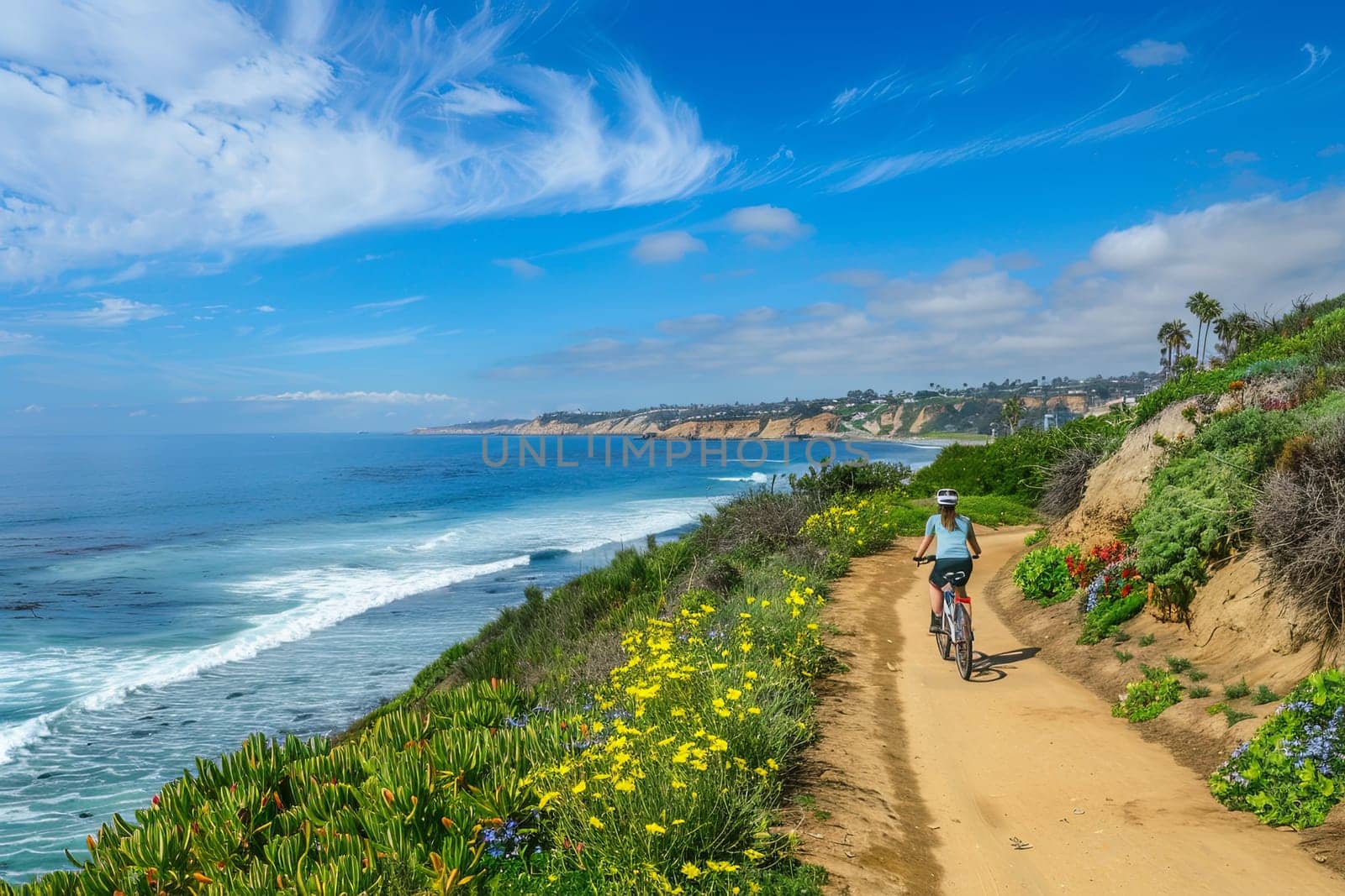 A man is cycling down a dirt road that runs parallel to the ocean. The ocean is visible on the right side, with waves crashing against the shore. The man appears to be enjoying the coastal scenery as he rides his bike along the rugged path.