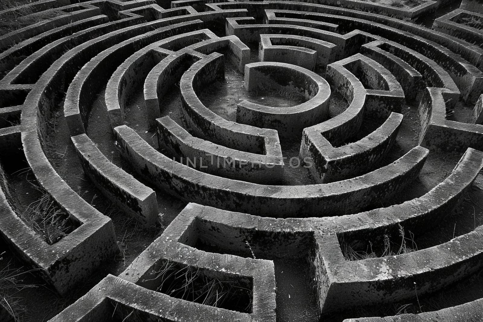 A black and white maze fills the frame, with intricate pathways twisting and turning. The maze appears challenging and complex to navigate, with dead ends and multiple branching routes.