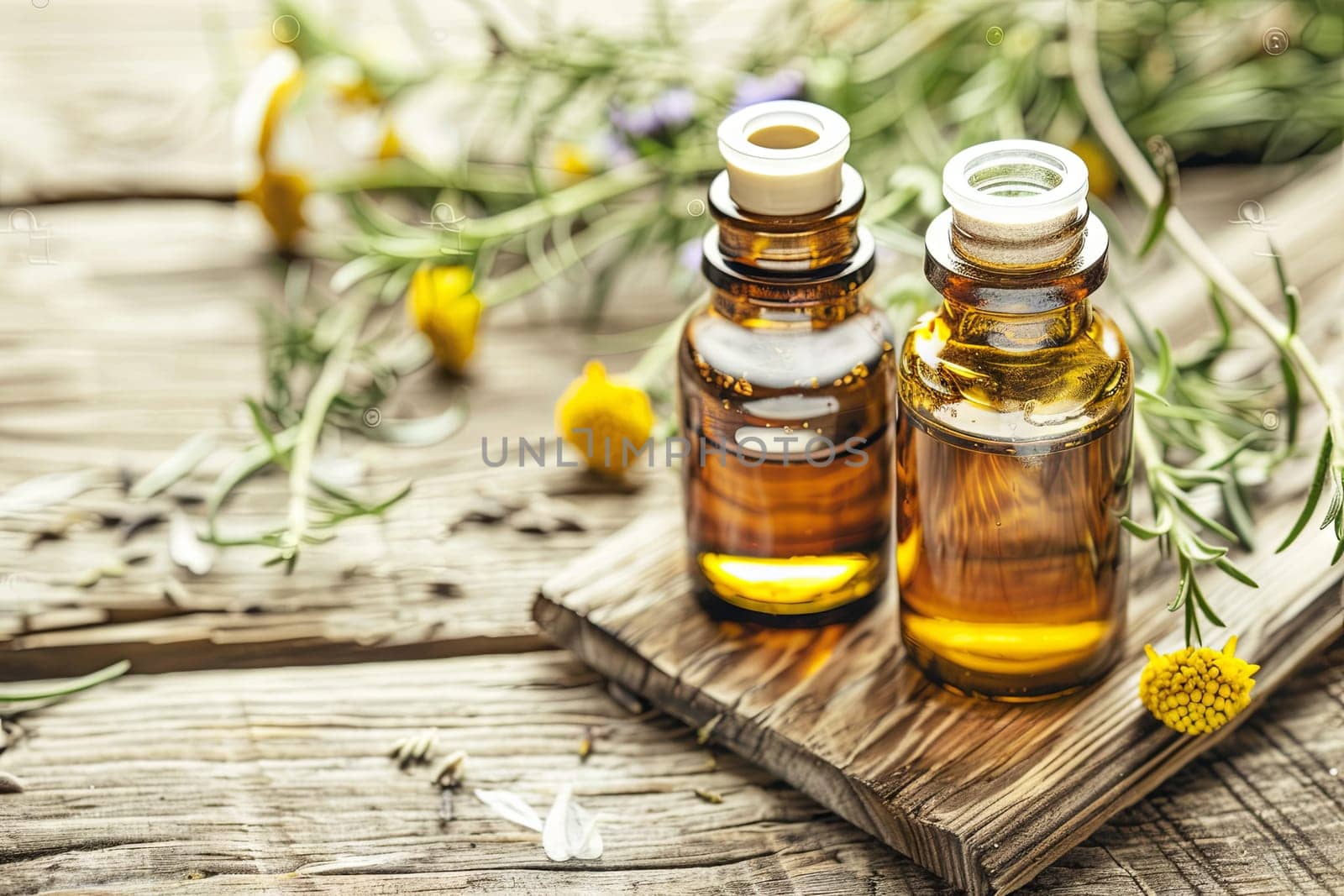 Two glass bottles filled with essential oils are neatly placed on a wooden board. The labels on the bottles are visible, and the board appears to be clean and well-maintained.