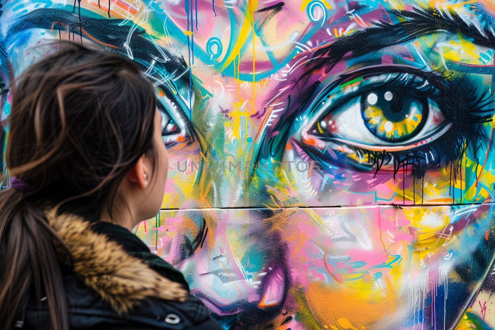 A woman stands in front of a vibrant graffiti-covered wall, looking at the colorful street art. The urban setting showcases a mix of tags, murals, and colorful designs.