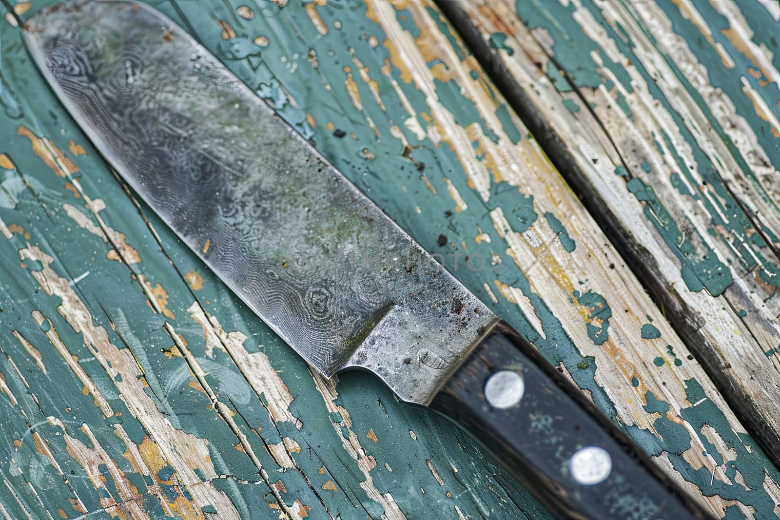 A large knife is placed on top of a rustic wooden table, creating a stark and striking visual contrast between the sharp metallic blade and the natural wood surface. The knifes handle is textured and the blade appears sharp and well-crafted.