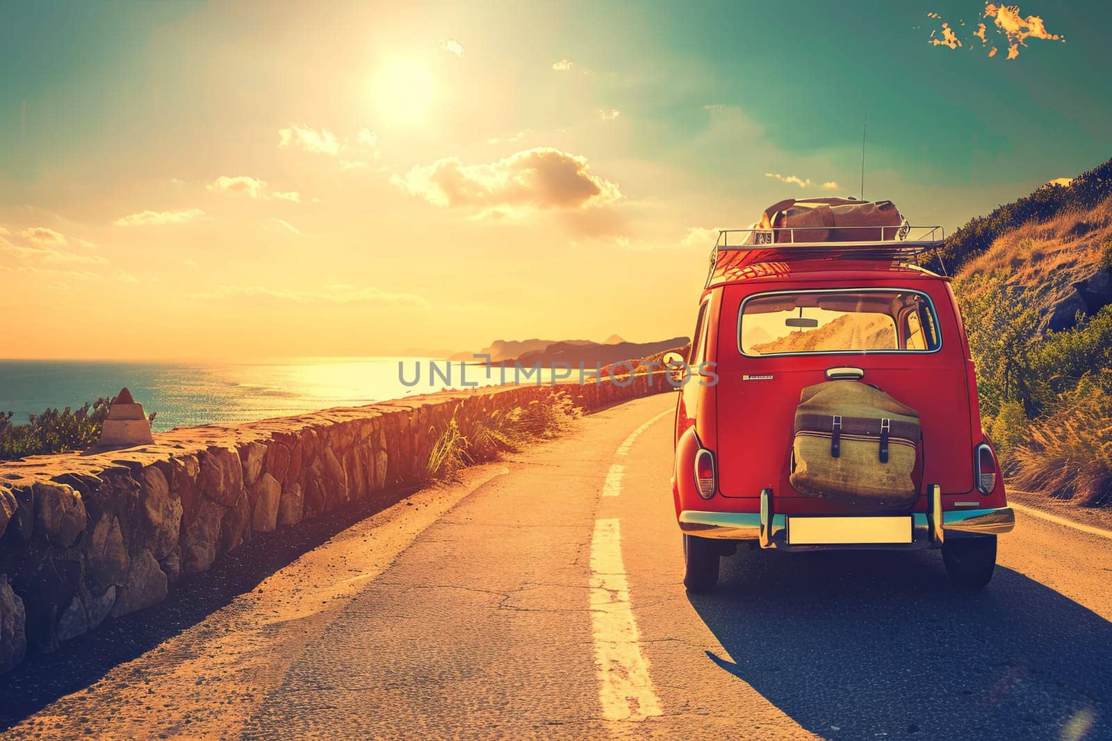 A red van is seen driving along a coastal road next to the ocean. The van is moving parallel to the water, with waves crashing against the shore on one side and sprawling cliffs on the other. The clear blue sky above complements the vibrant red of the van as it travels through this scenic coastal landscape.