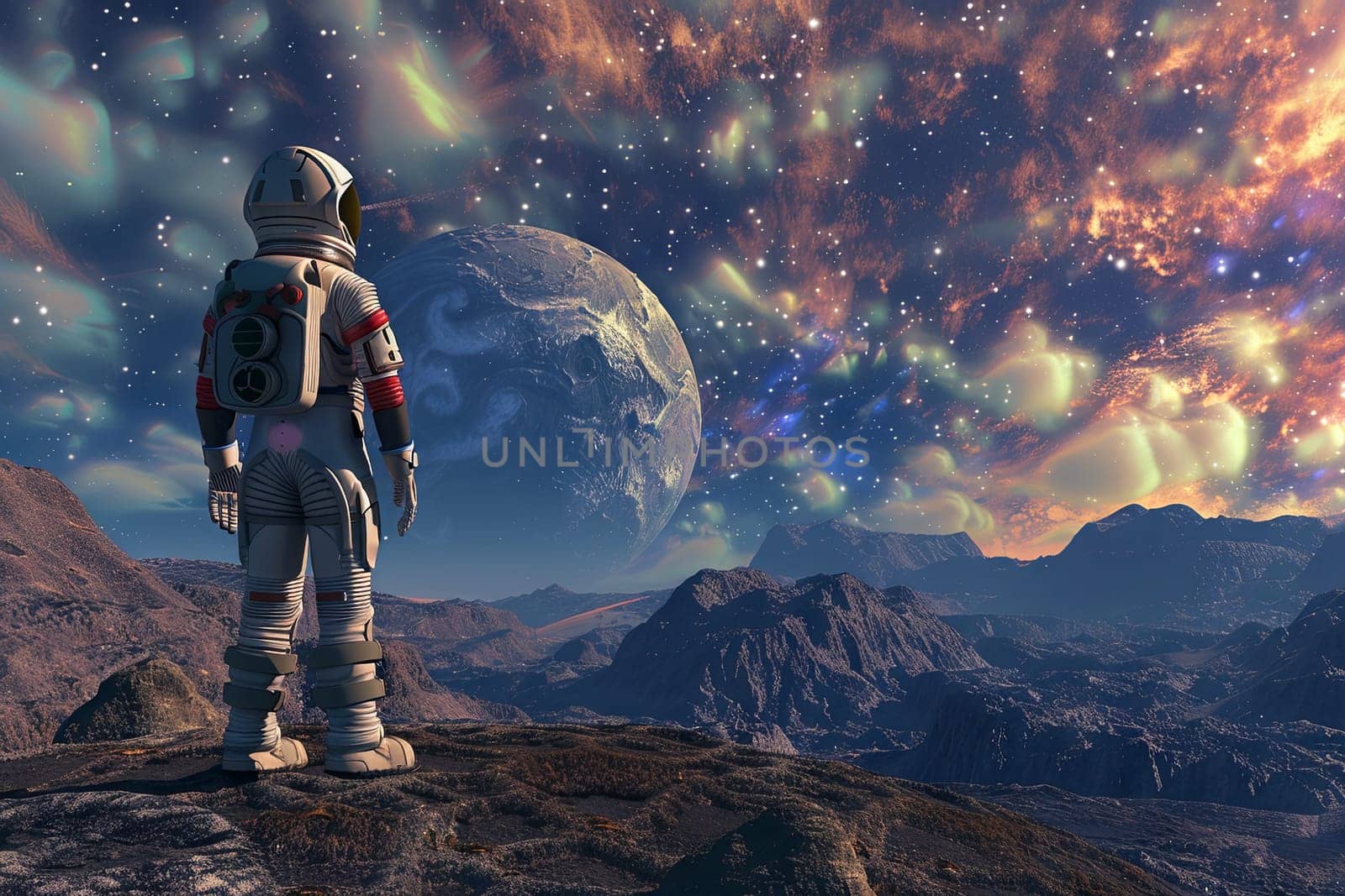 An astronaut in a space suit stands confidently on top of a mountain, gazing up at the vast expanse of stars strewn across the night sky.