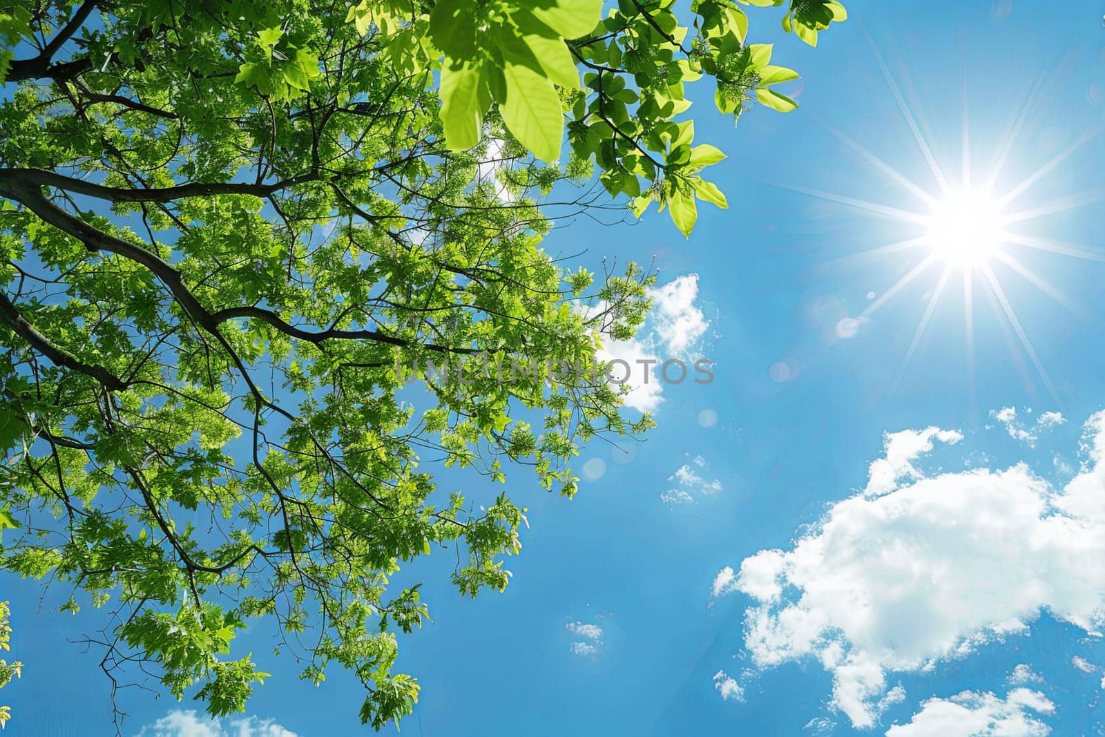 The sun shines through the vibrant green leaves of a tree, creating a dappled pattern of light and shadows on the ground below. The foliage sways gently in the breeze, casting intricate patterns of light and shadow.