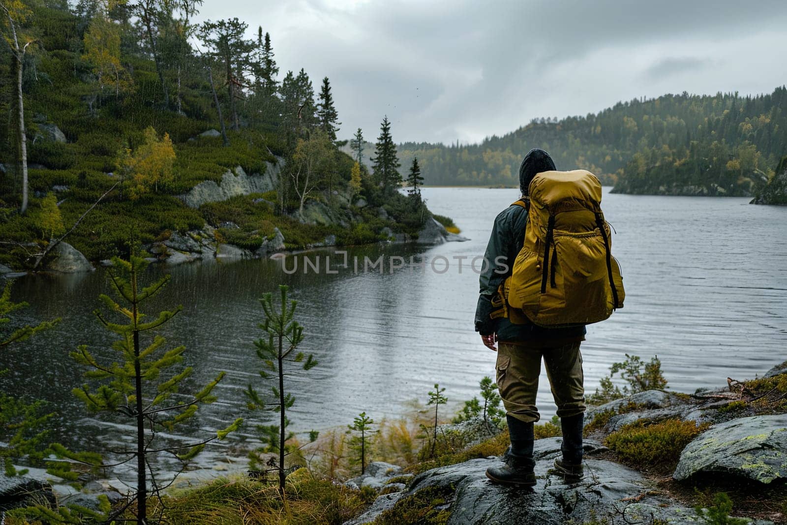 A man wearing a backpack stands on a rocky shore. The rugged terrain contrasts with the calm sea in the background. The man appears to be contemplating the vastness of the ocean.